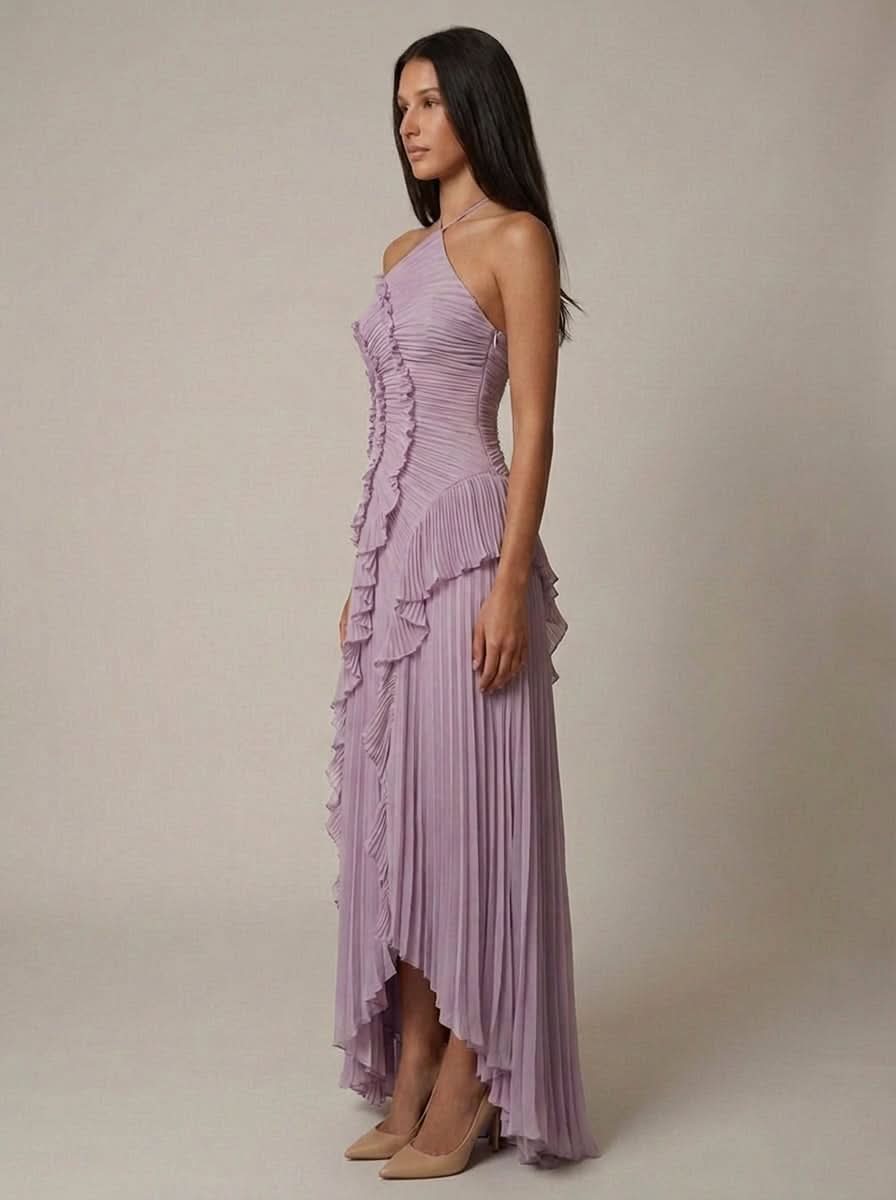 Halter Yaka Maxi Elbise Mor Pileli Detaylı