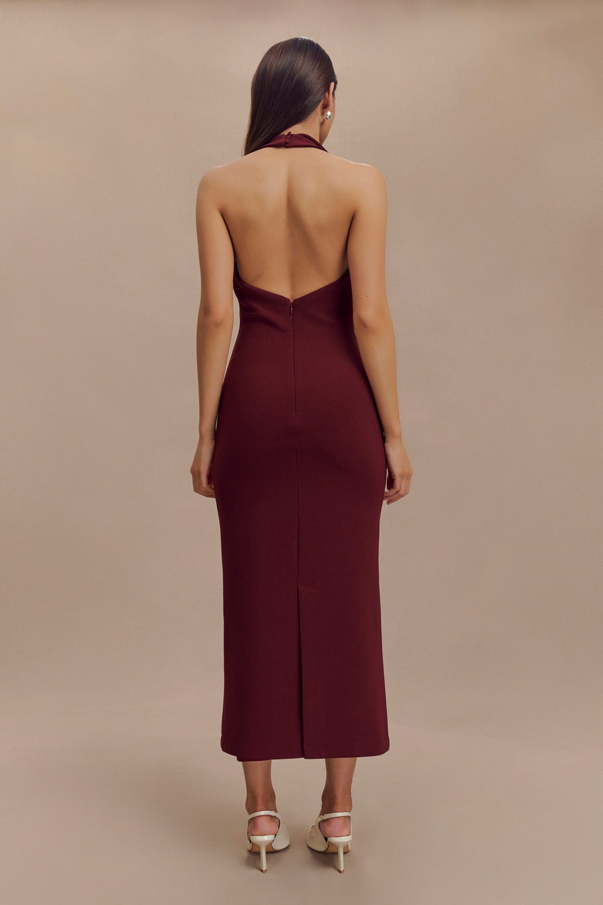 Annita Krep Boyundan Bağlamalı Midi Elbise - Merlot