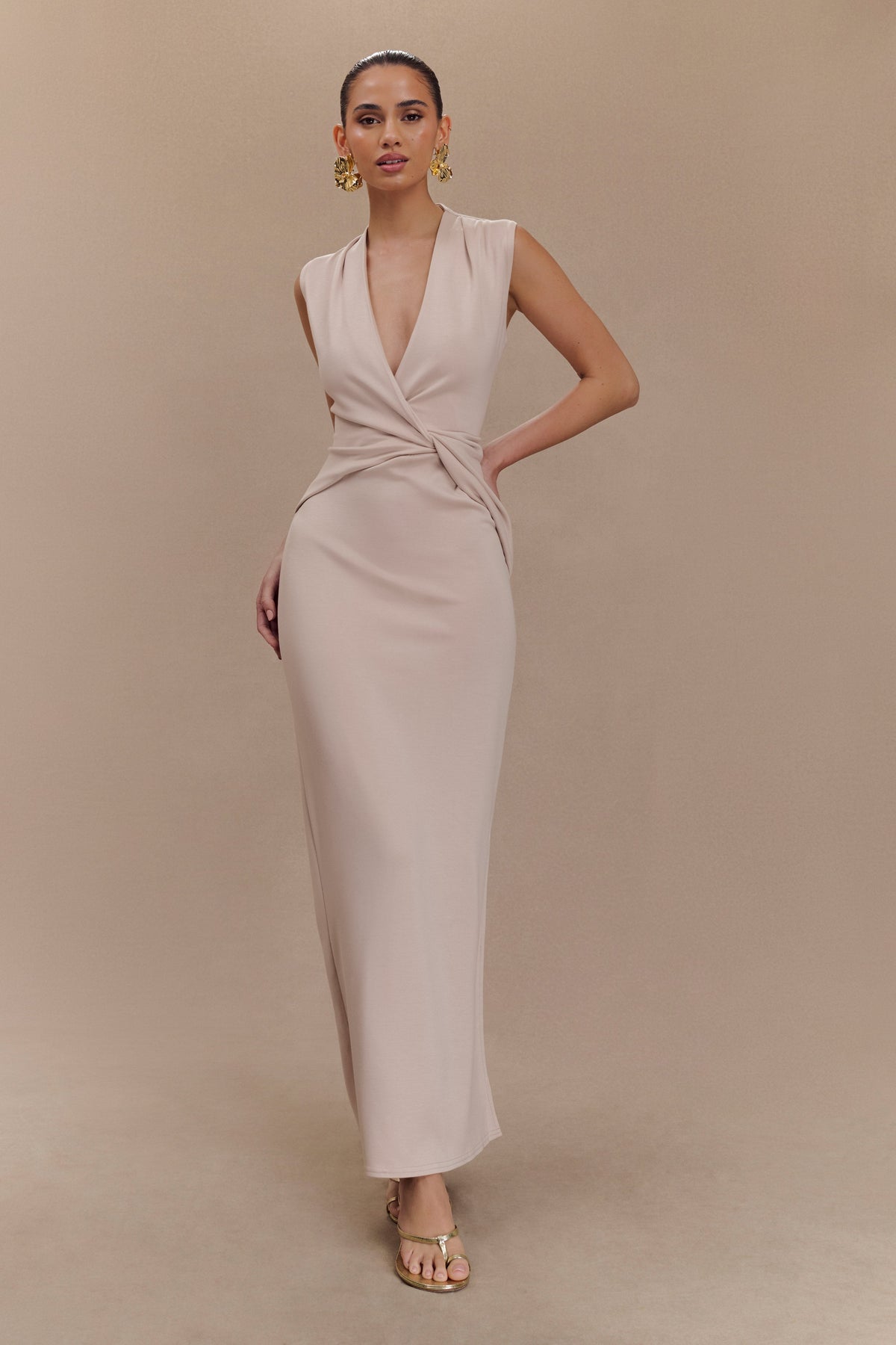 Lorelei Krep Twist Midi Elbise - Taupe