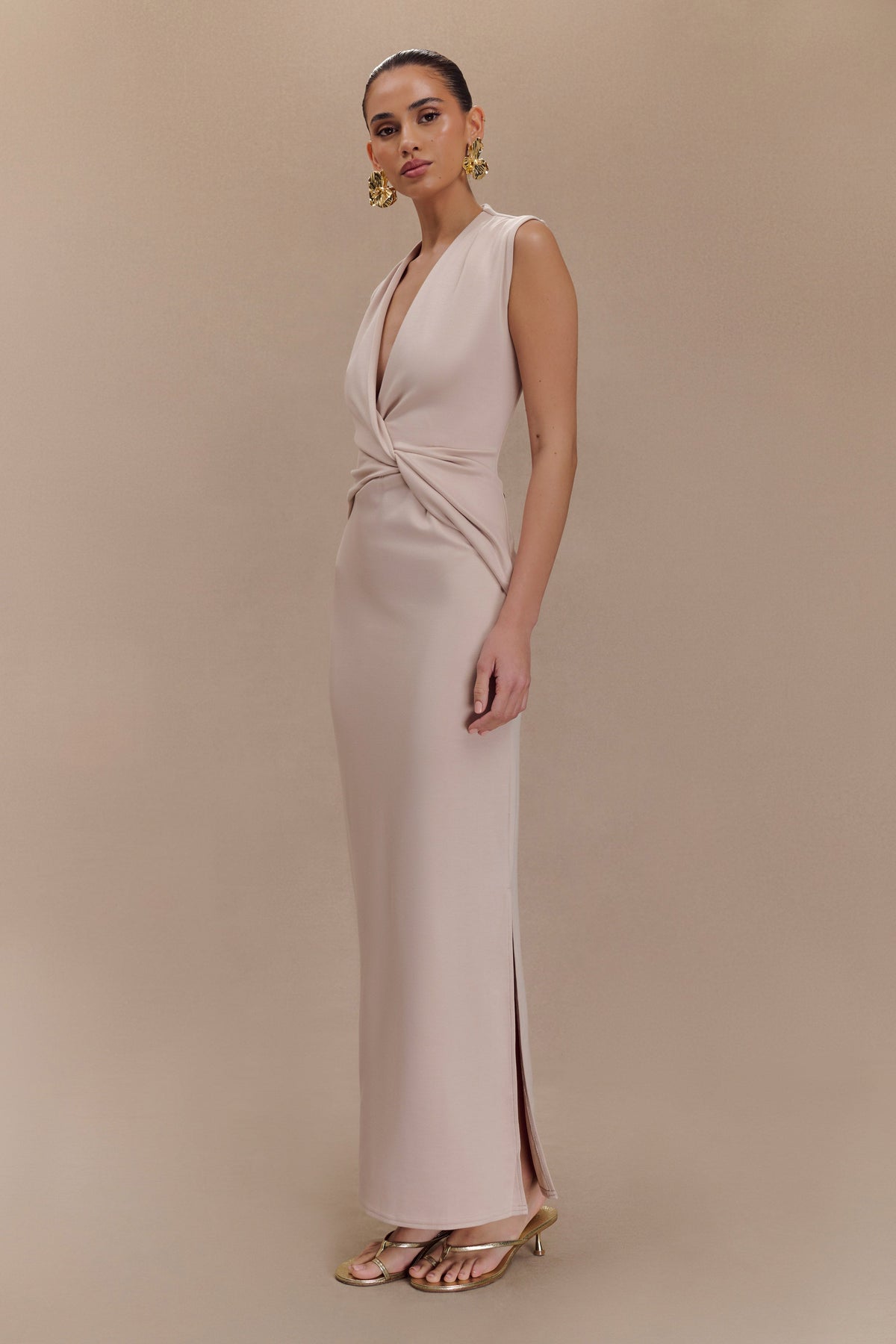Lorelei Krep Twist Midi Elbise - Taupe