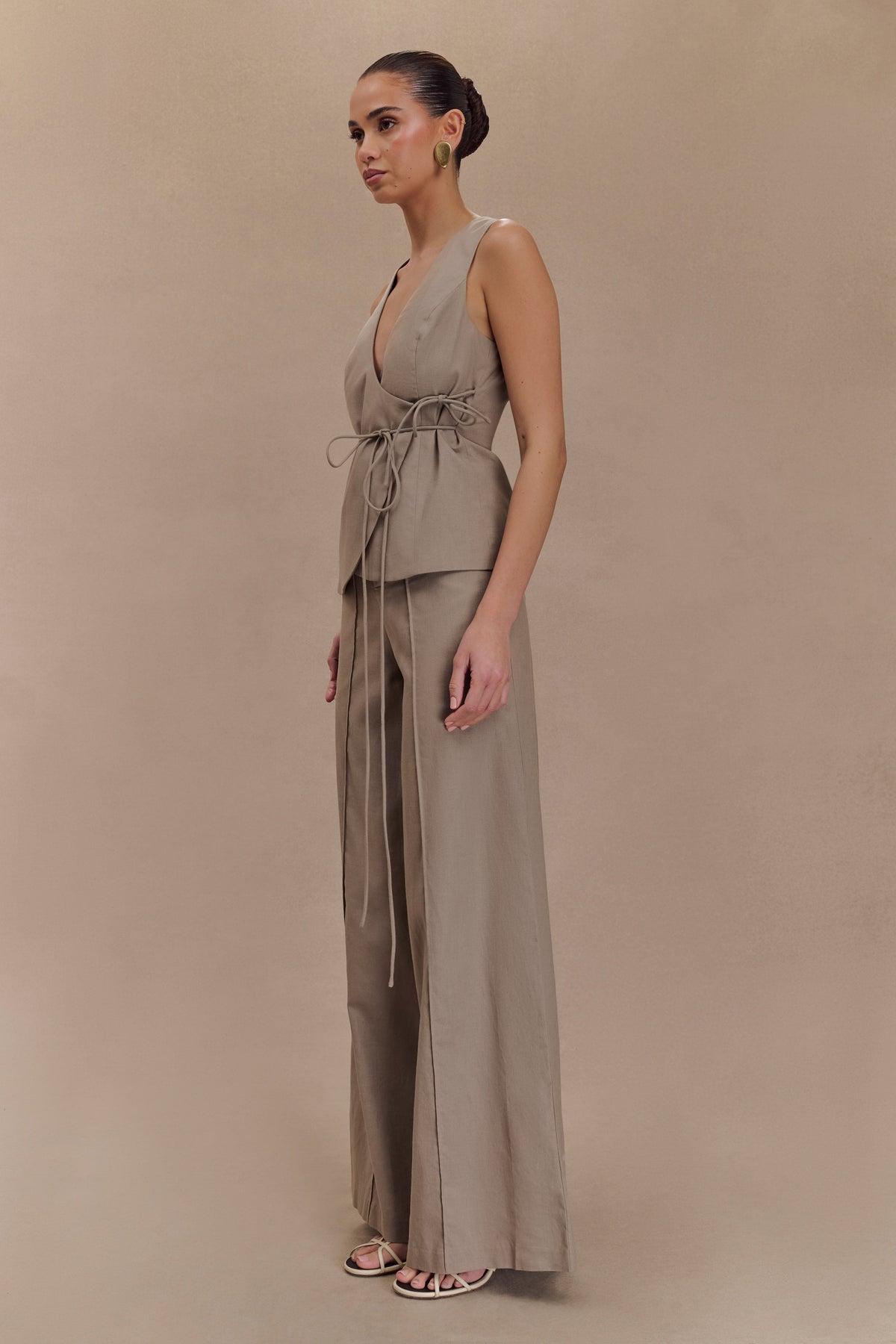 Brandi Keten Düz Paça Pantolon - Çakıl Taşı