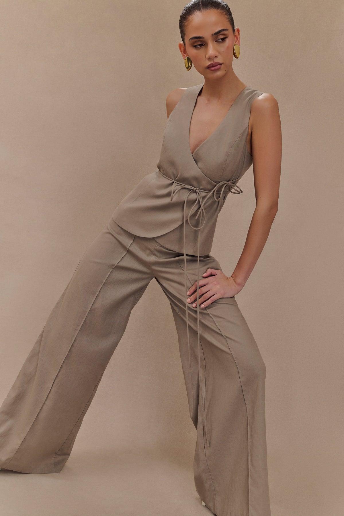 Brandi Keten Düz Paça Pantolon - Çakıl Taşı