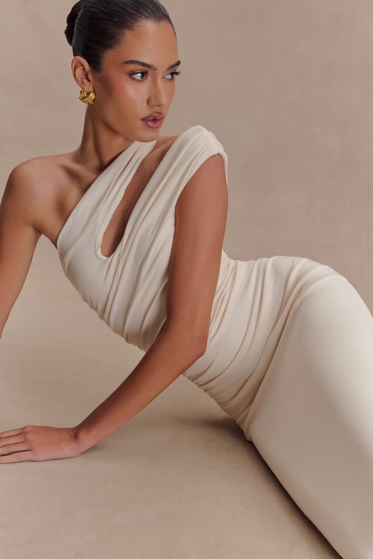 Anastasia Tek Omuz Modal Midi Elbise - Fildişi