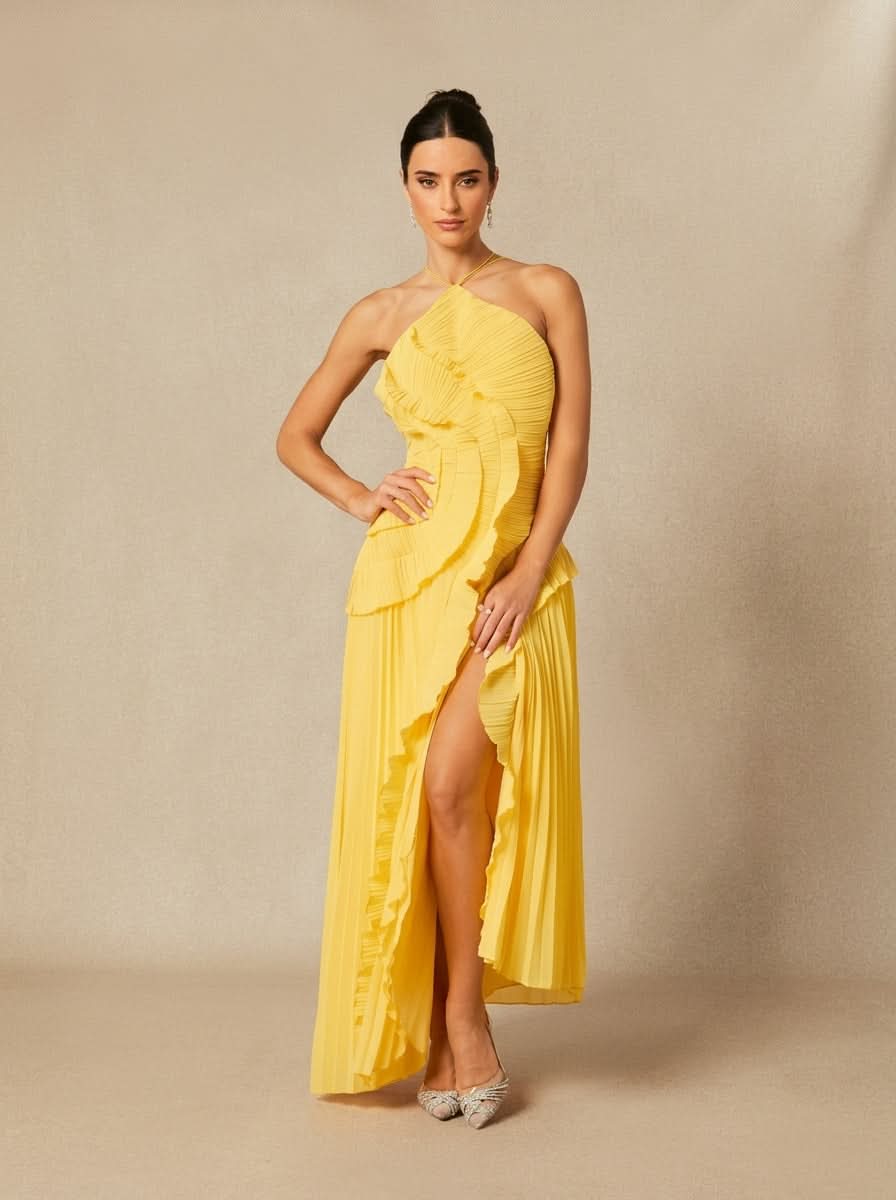 Halter Yaka Maxi Elbise Mor Pileli Detaylı