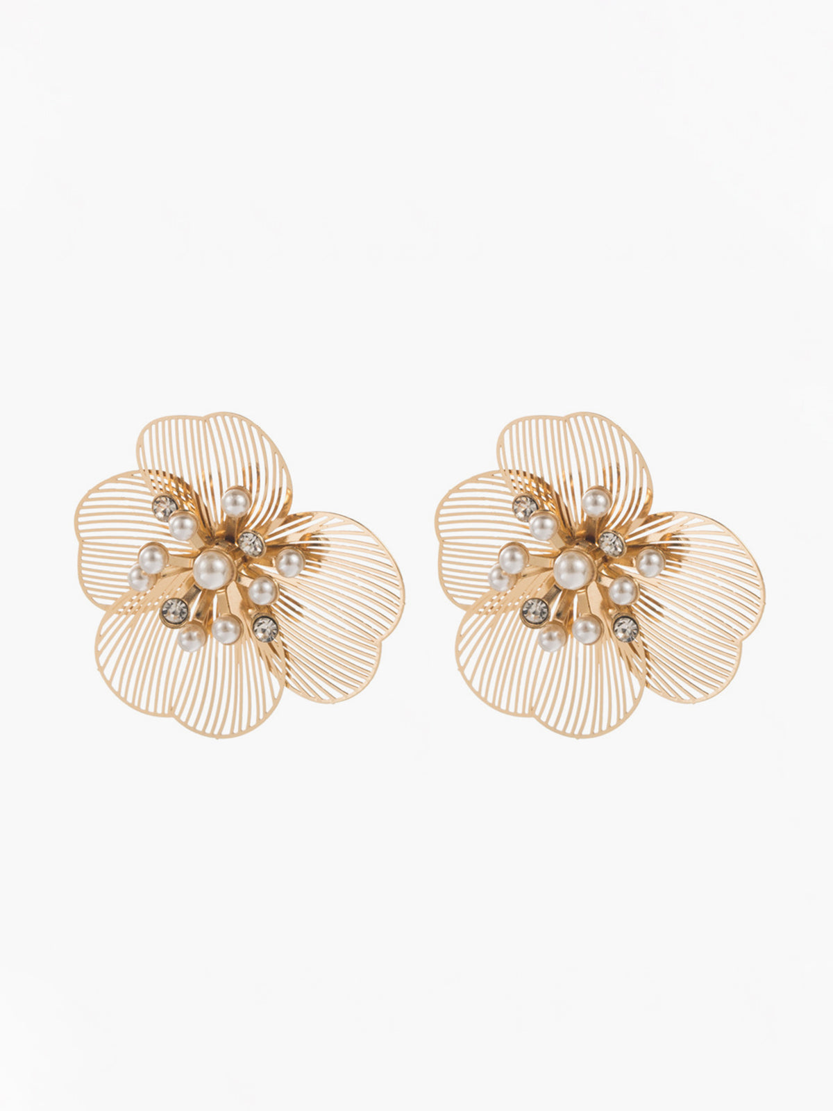 İnci Desenli Çiçek Küpe Altın Damla Model Rhinestone Taşlı