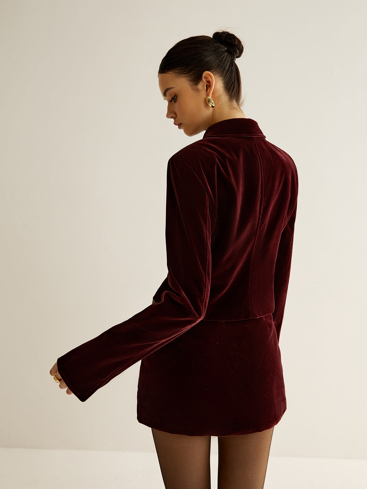 Kadife Yaka Kısa Blazer Bordo Uzun Kol