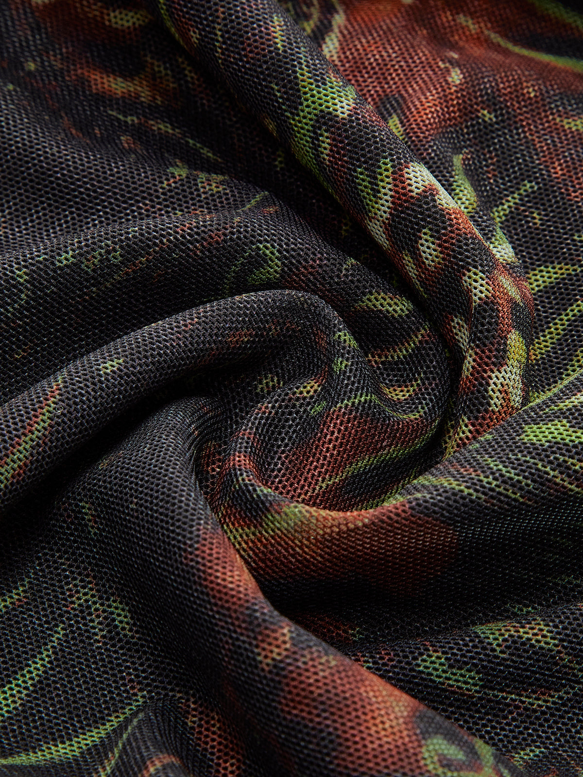 Retro Tie-Dye Baskılı Ağ Elbise Uzun Kol Koyu Kahverengi