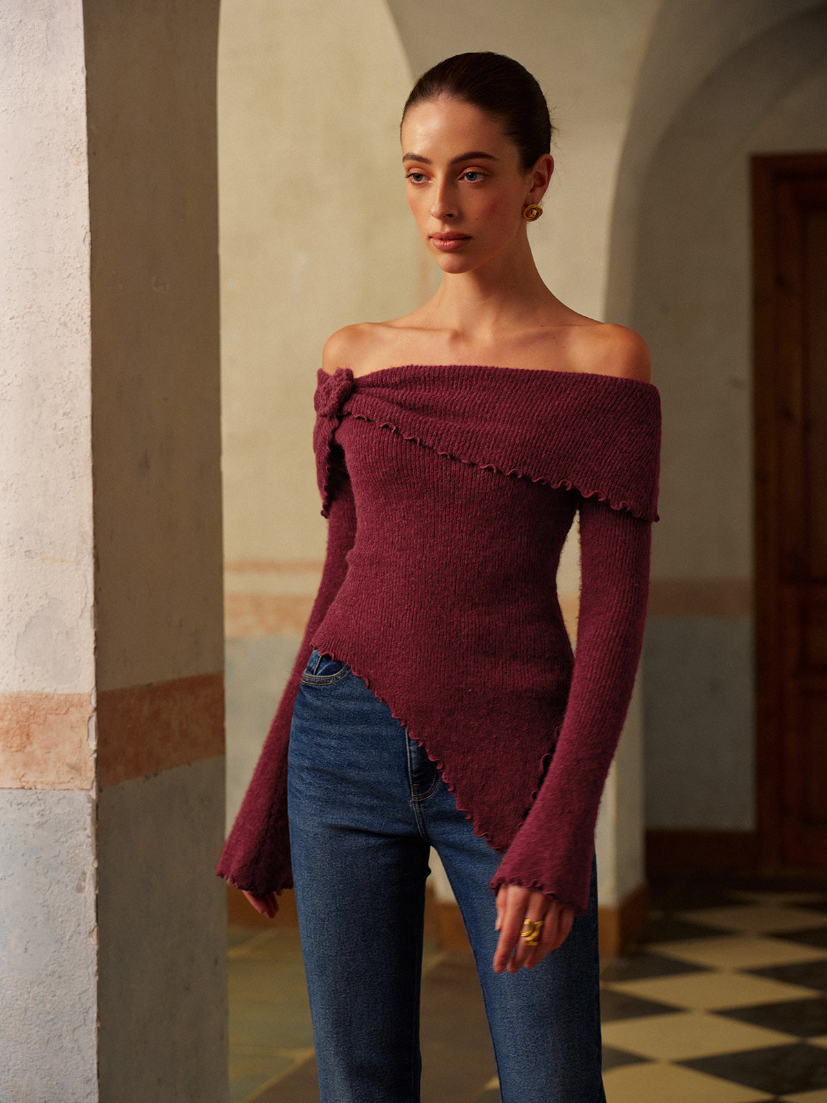 Asimetrik Çiçek Desenli Triko Üst Bordo Slim Fit