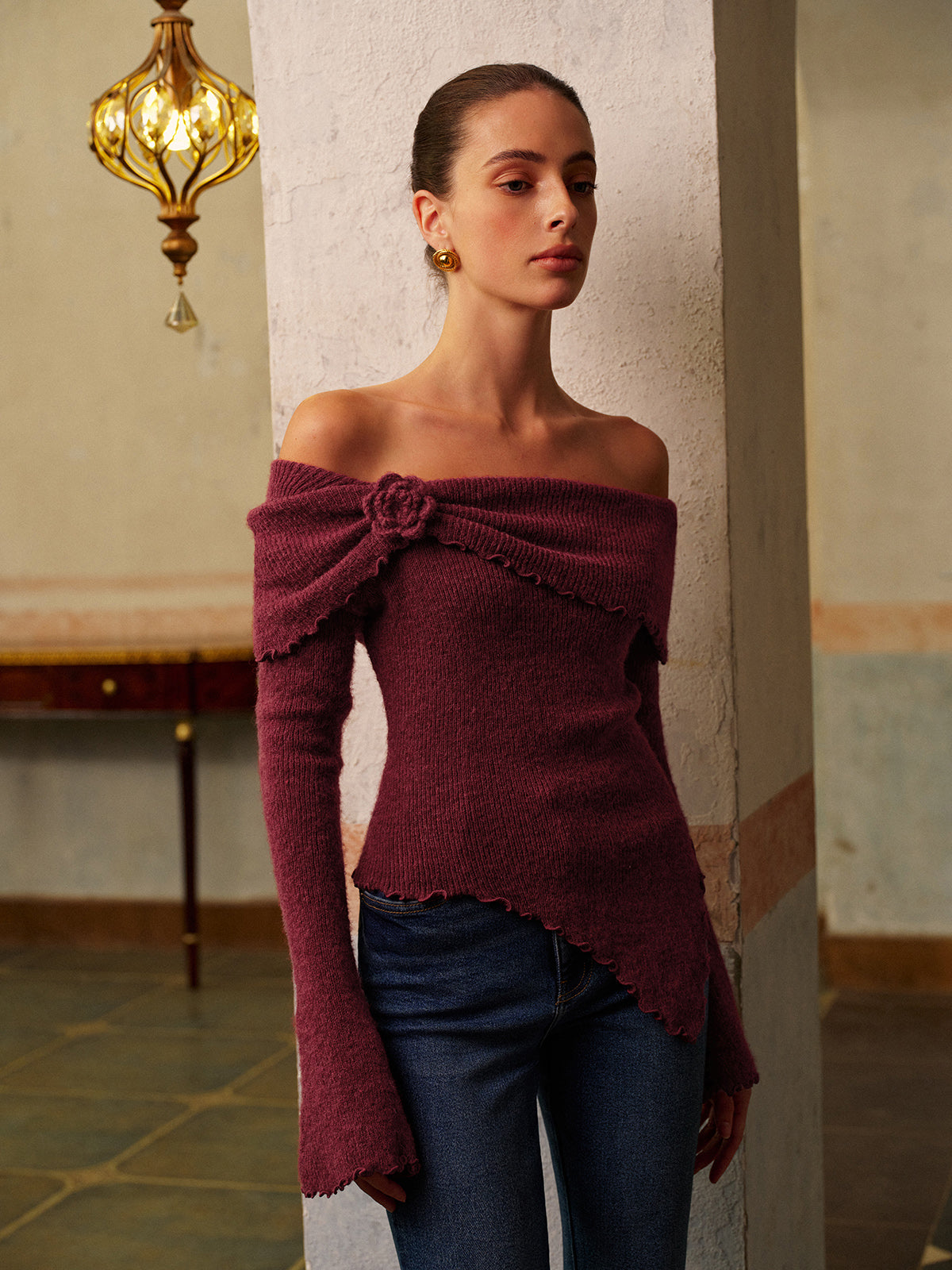 Asimetrik Çiçek Desenli Triko Üst Bordo Slim Fit