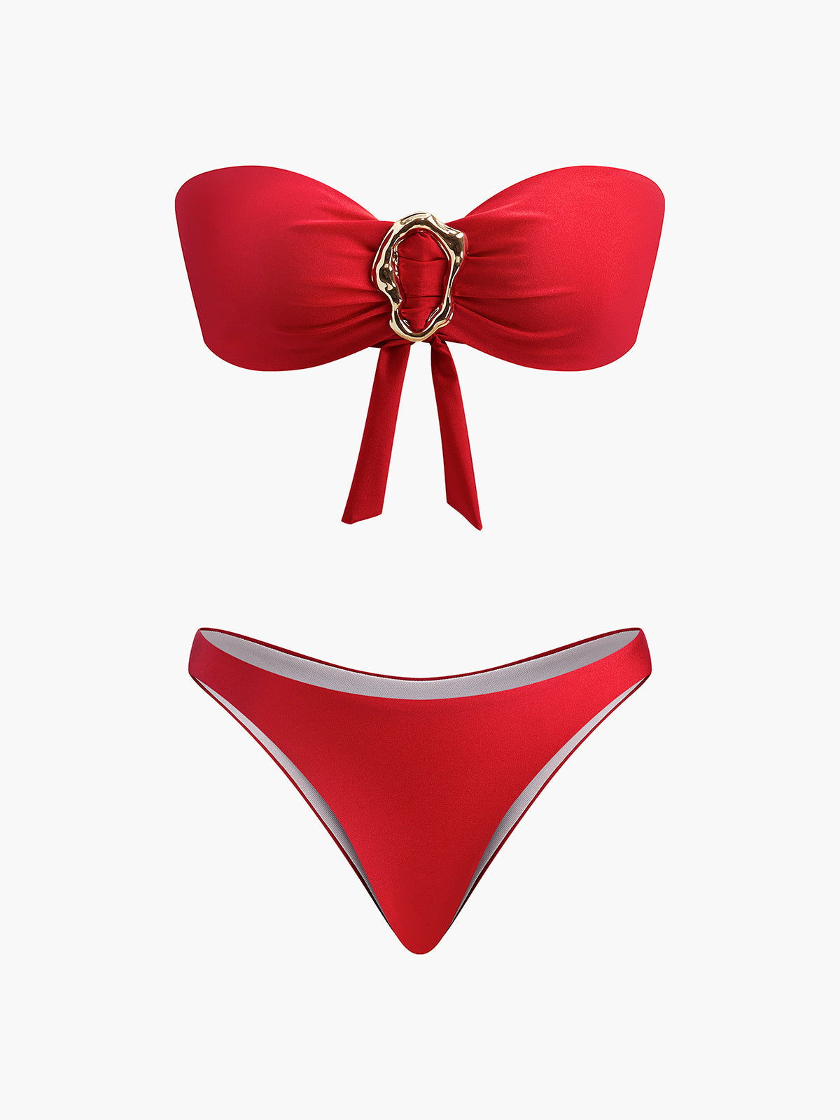 Metal Aksesuarlı Fiyonk Bandeau Bikini Kırmızı Straplez