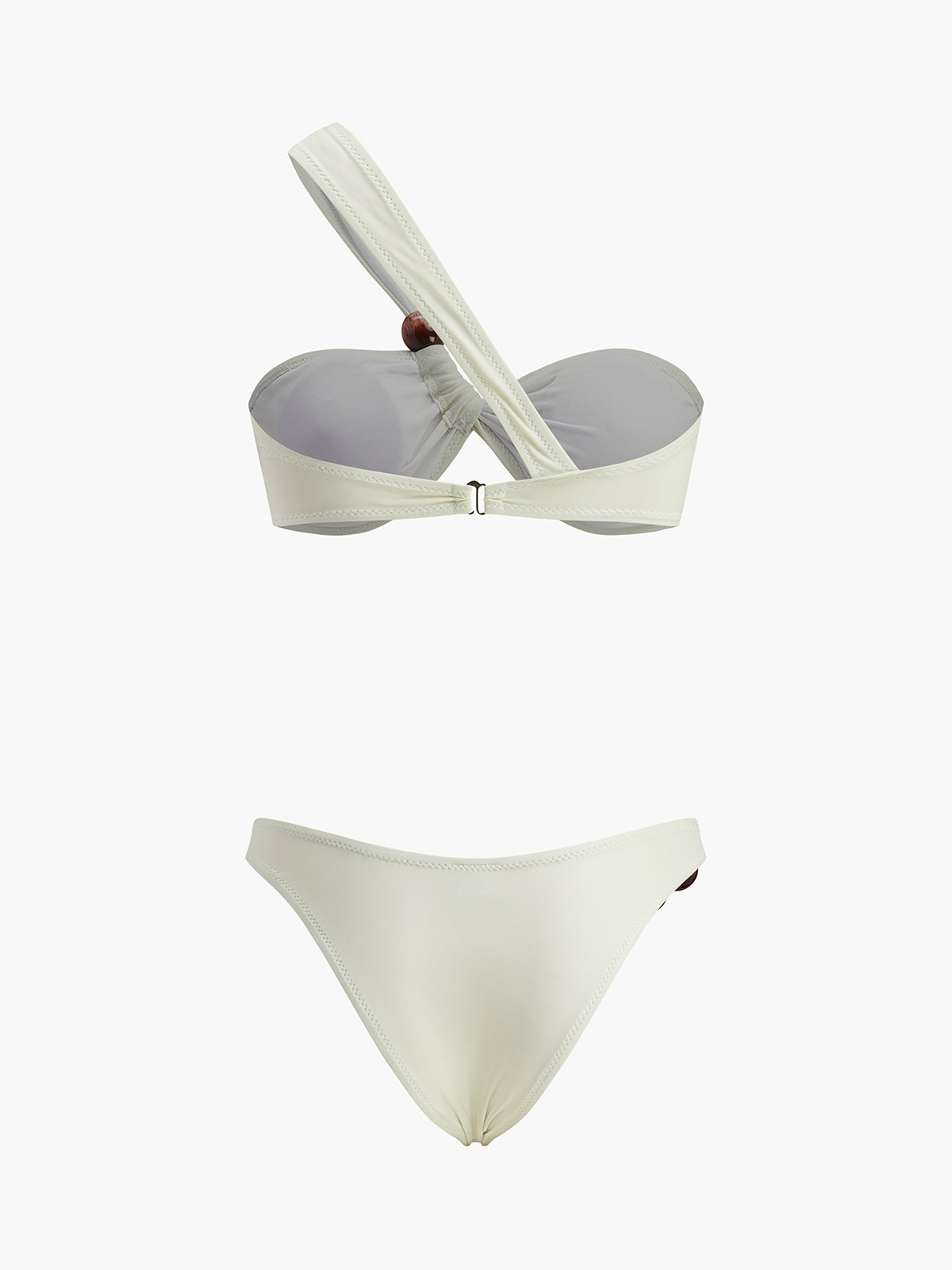 Tek Omuzlu Bikini Takımı Ahşap Boncuk Detaylı Bej