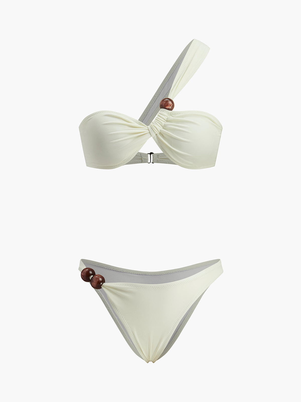 Tek Omuzlu Bikini Takımı Ahşap Boncuk Detaylı Bej
