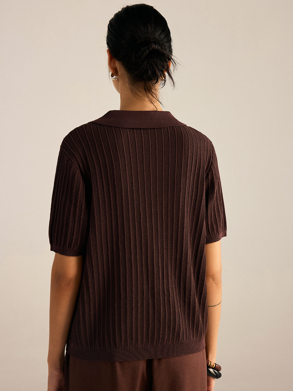 Kemikli Örgü Polo Yaka Hırka Kahverengi Regular Fit