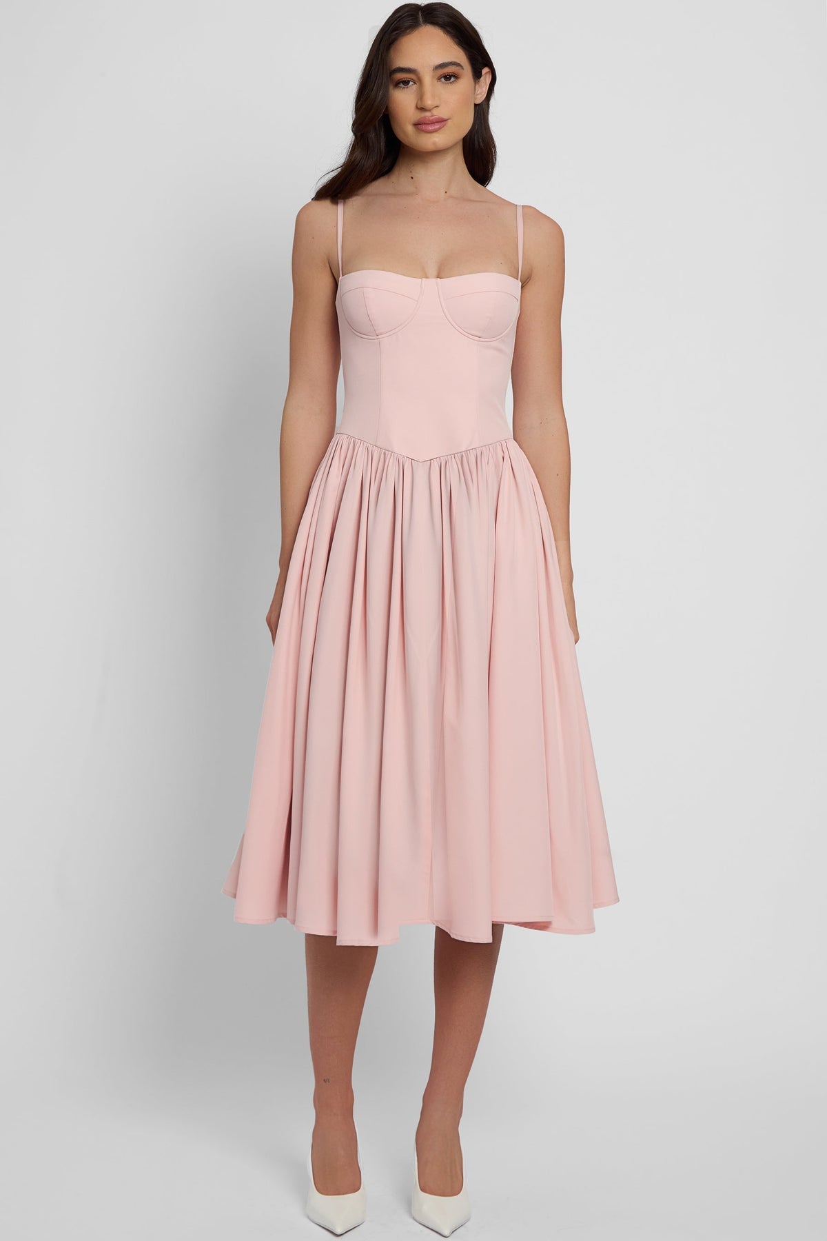 Ciara Büstiyer Midi Elbise Pembe Straplez