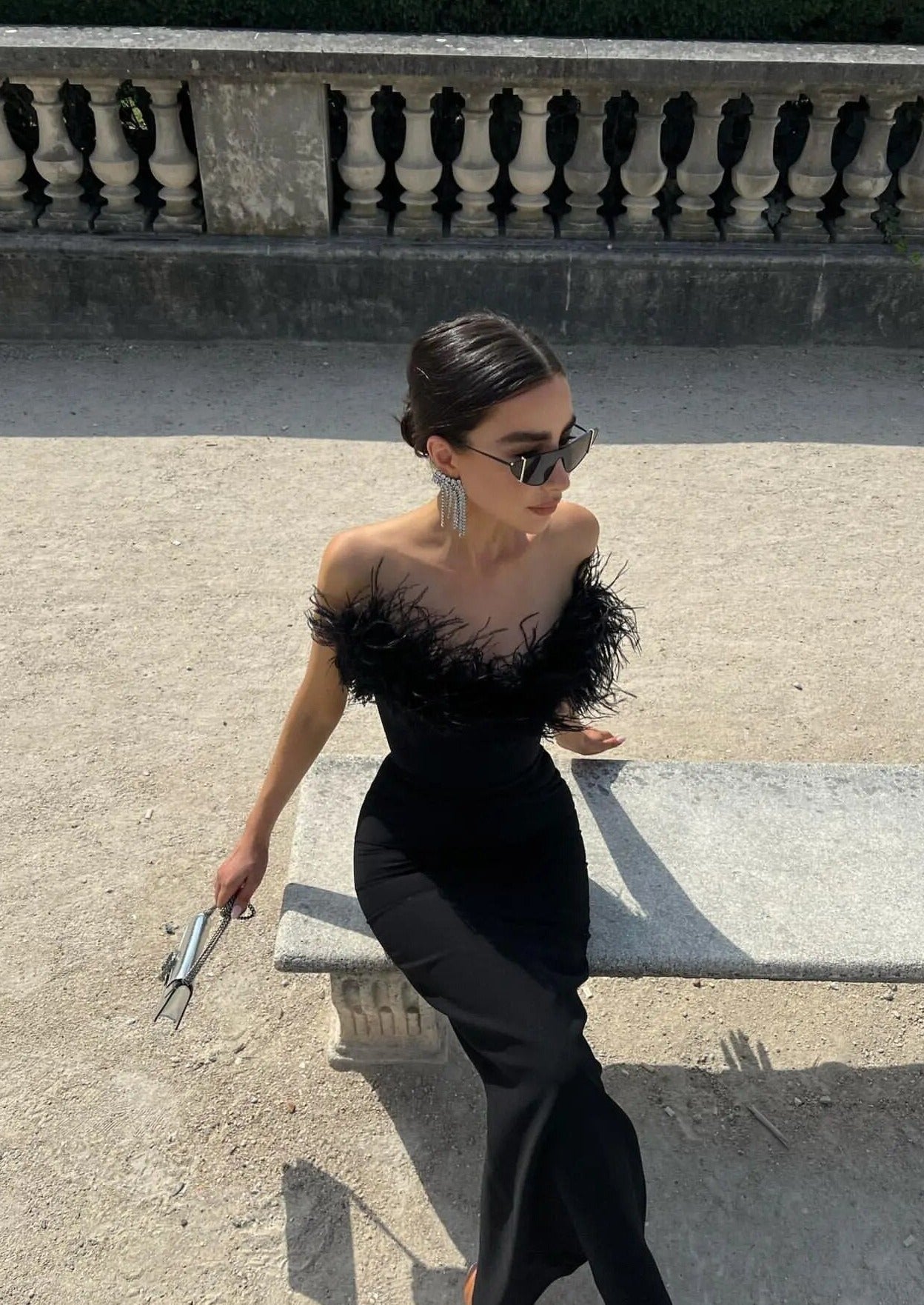 Anastasia Tüy Detaylı Straplez Maxi Elbise Siyah