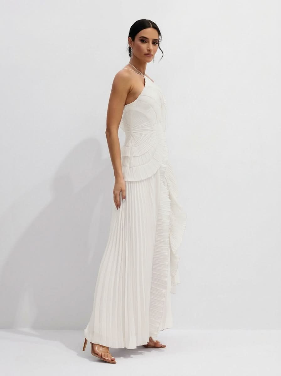 Halter Yaka Maxi Elbise Mor Pileli Detaylı