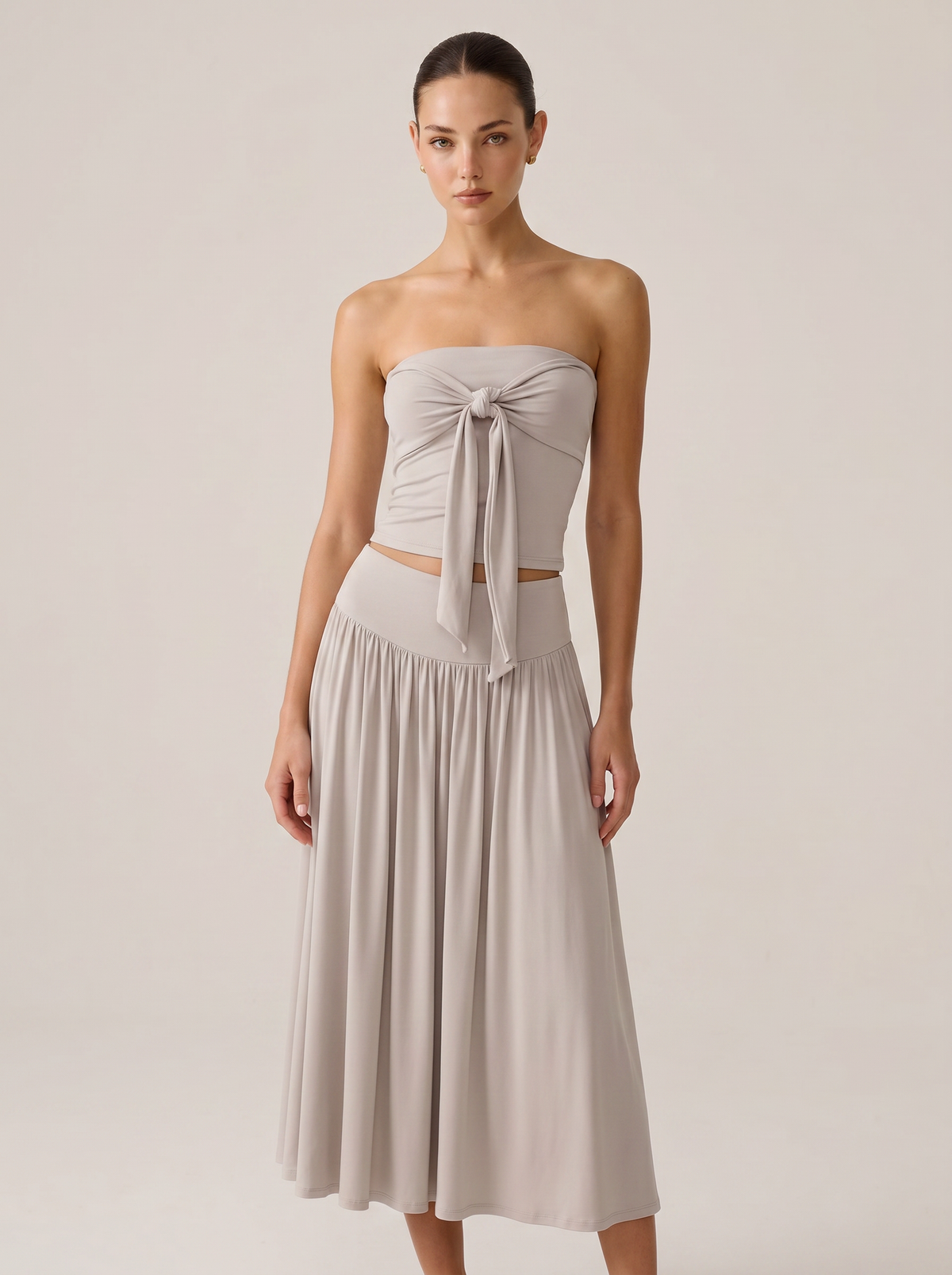 Strapless Knot Bağcıklı Tube Top + Yüksek Bel Curved Yoke Balletcore A-Line Midi Etek Set