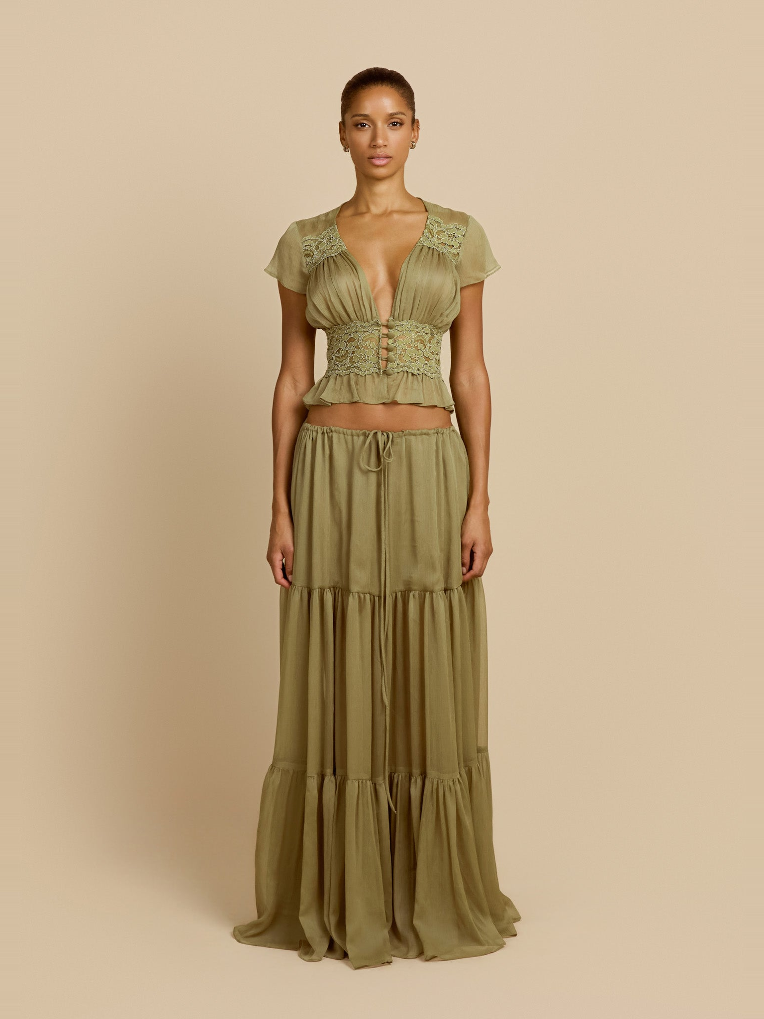 Sabrina Şifon Maksi Etek Takım- Fıstık Yeşili