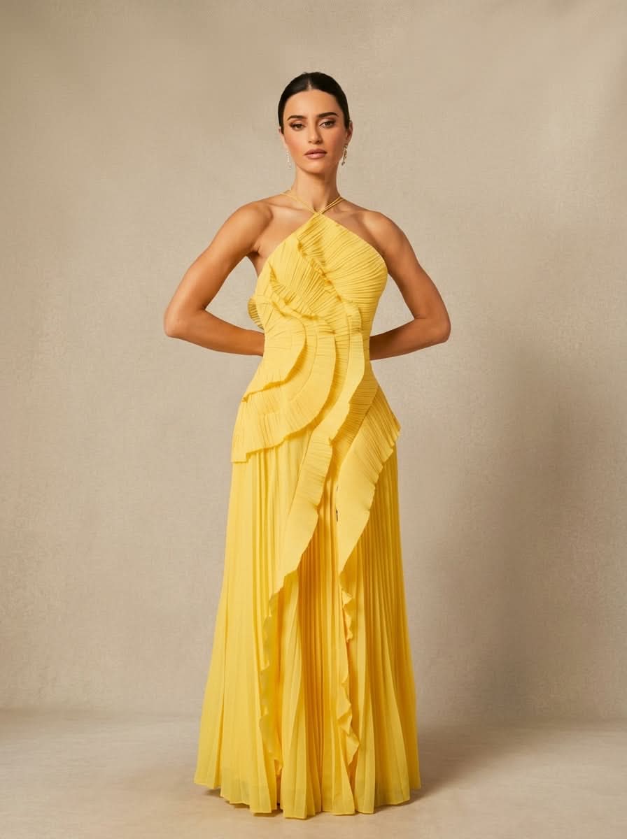Halter Yaka Maxi Elbise Mor Pileli Detaylı
