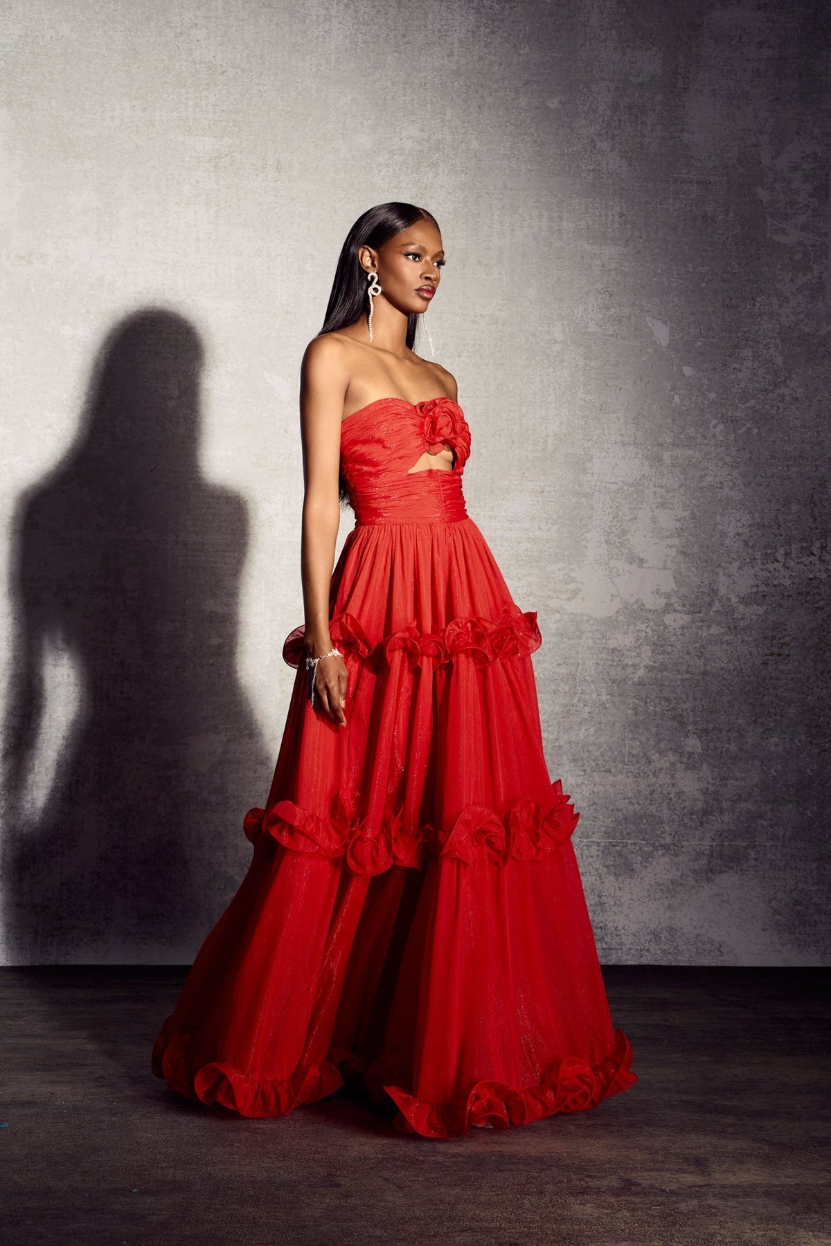 Erica Pileli Fırfırlı Metalik Şifon Maxi Elbise