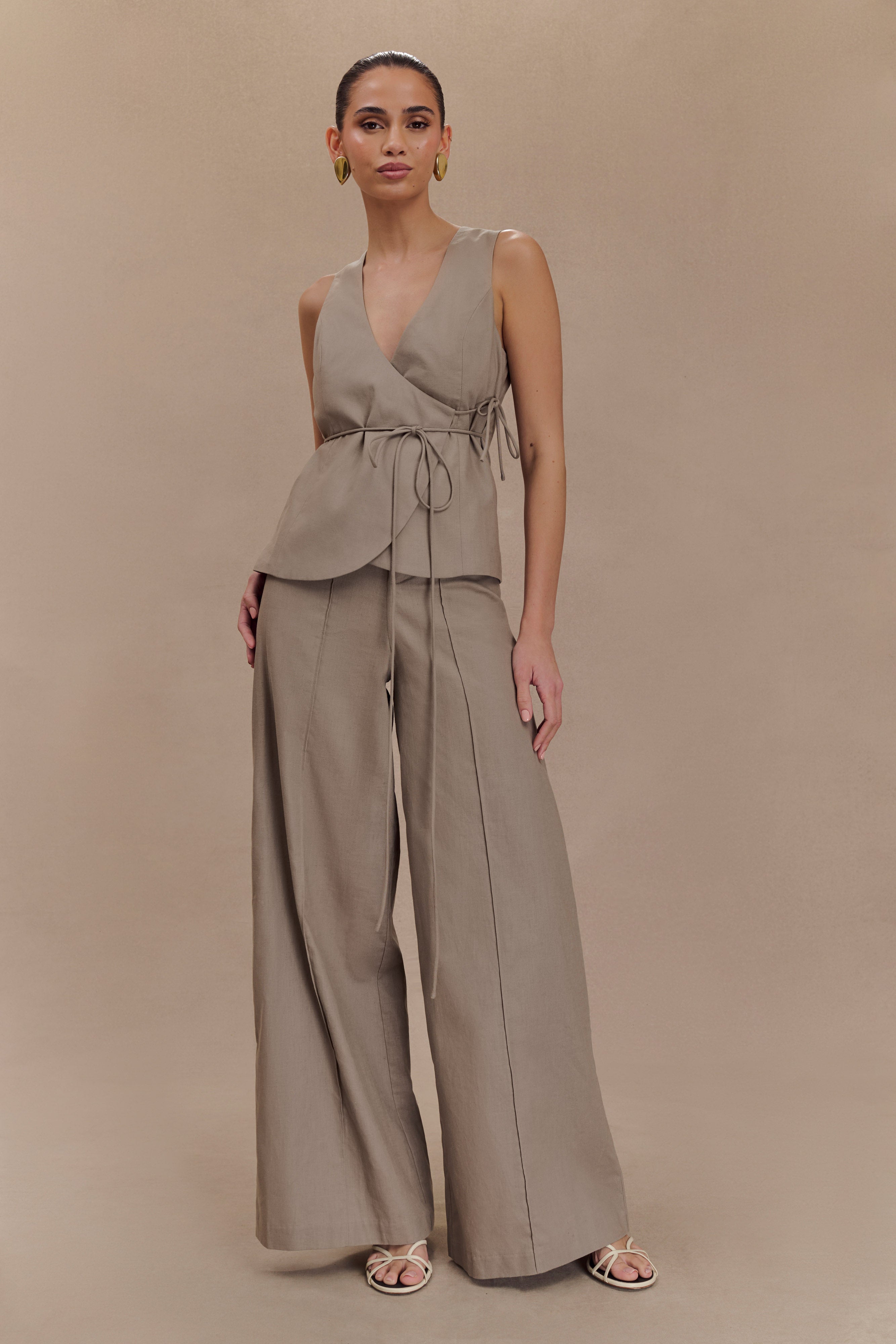 Brandi Keten Düz Paça Pantolon - Çakıl Taşı