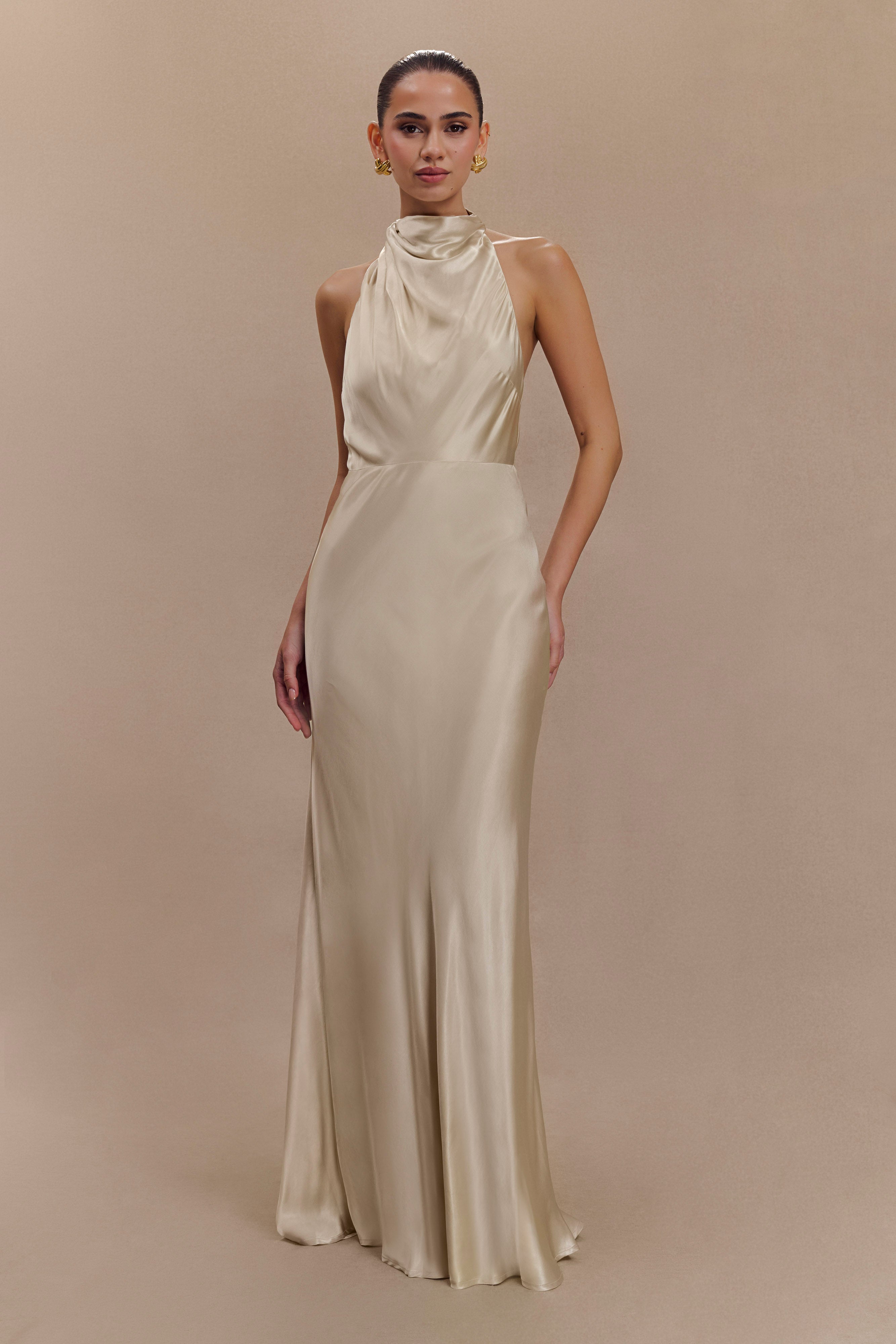 Esther Yanardöner Saten Cowl Maxi Elbise - Altın
