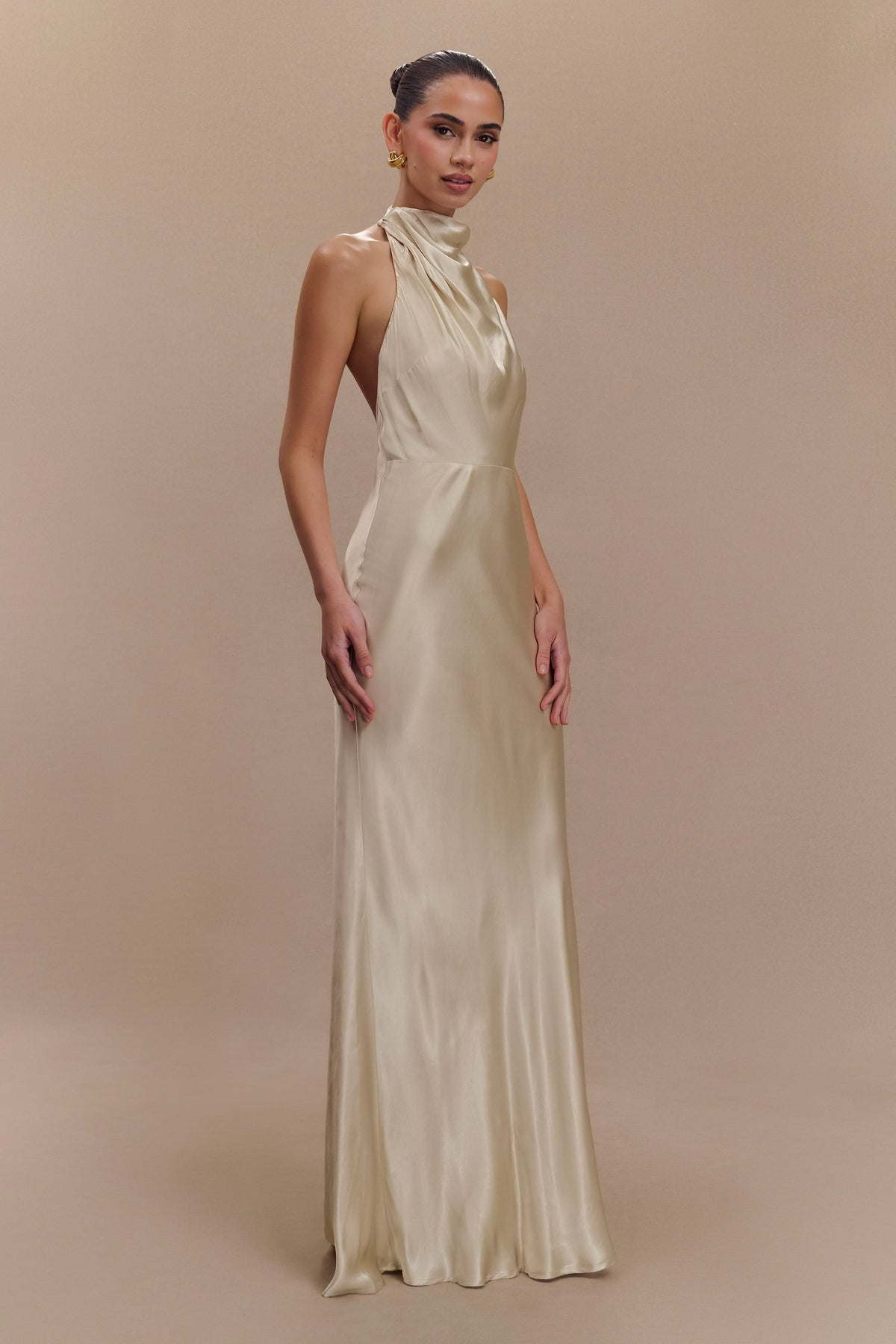 Esther Yanardöner Saten Cowl Maxi Elbise - Altın