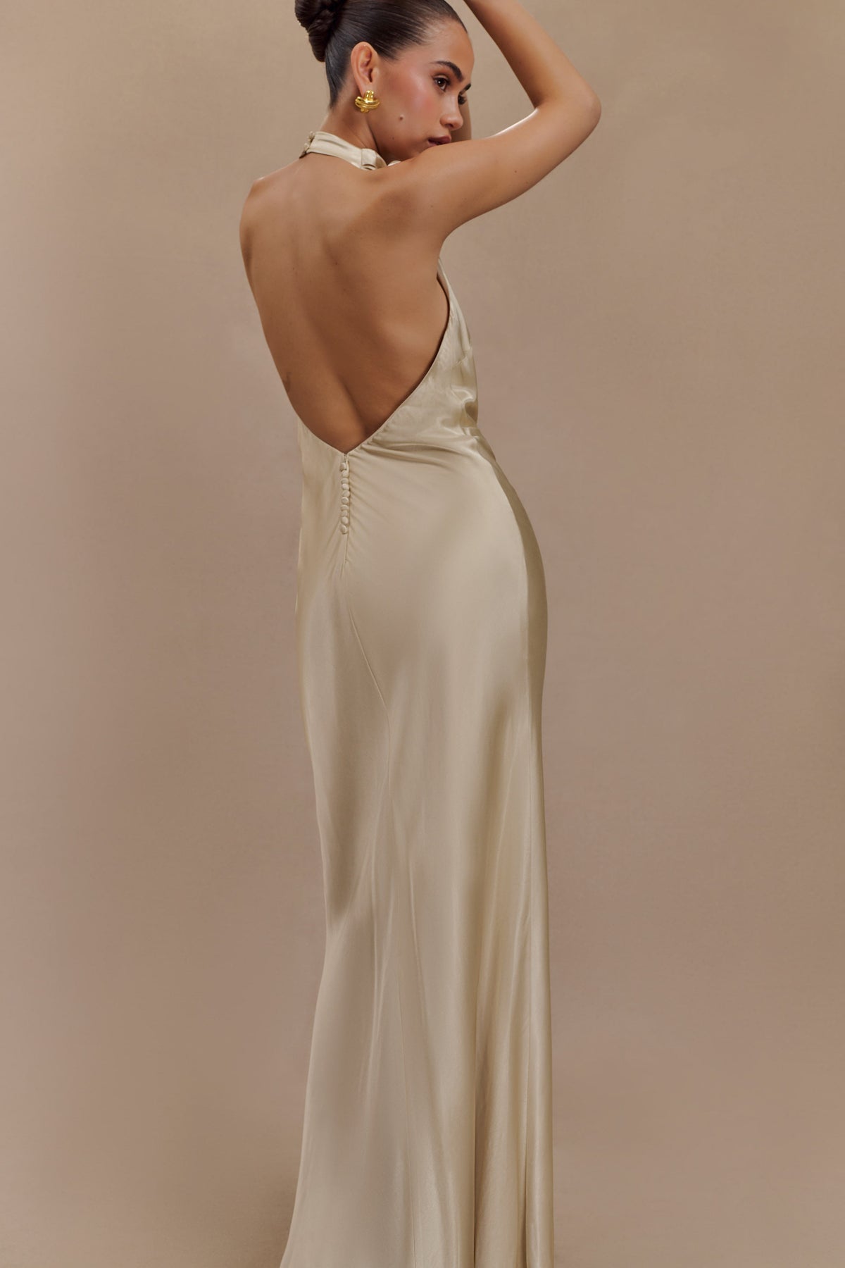 Esther Yanardöner Saten Cowl Maxi Elbise - Altın