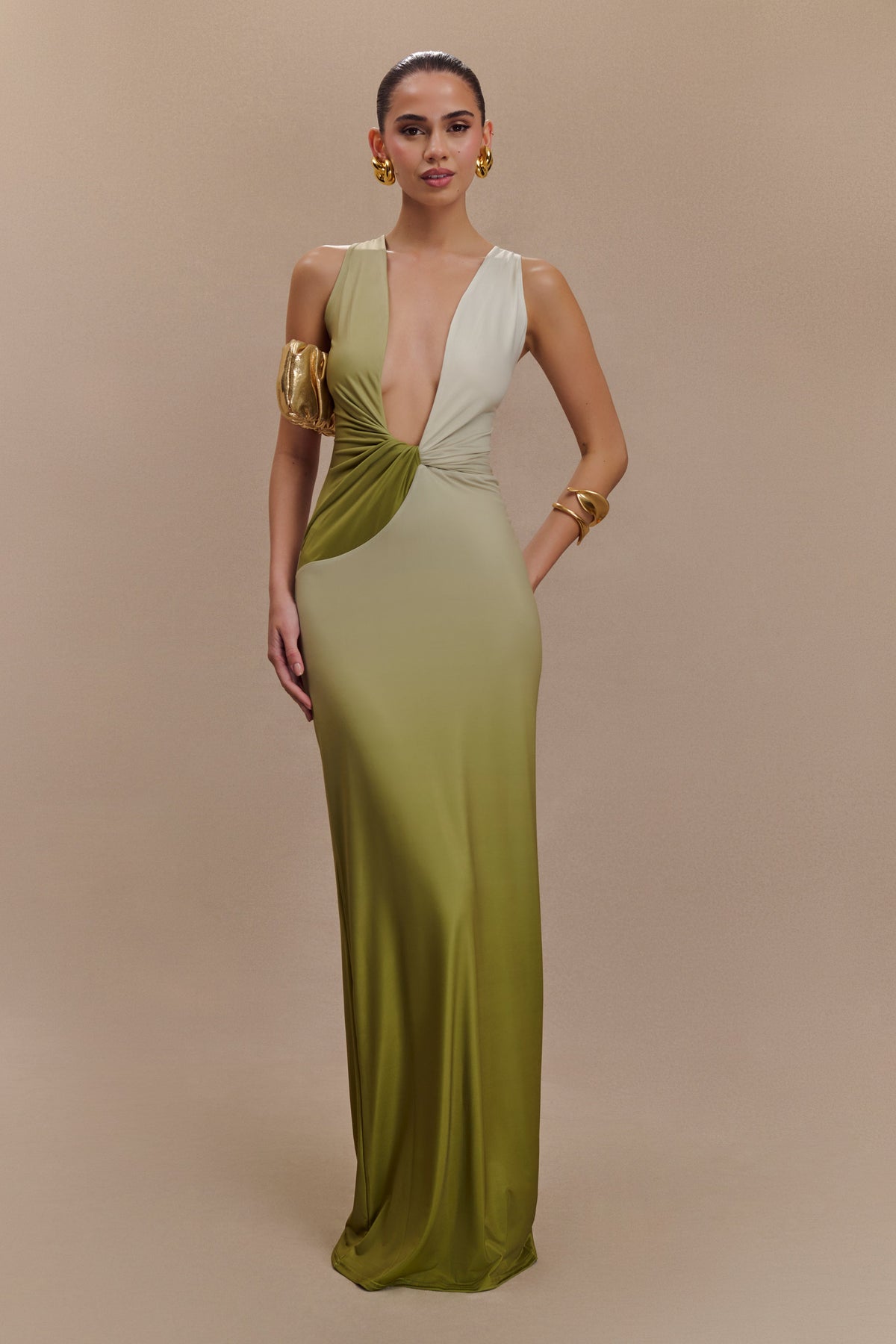 Stella Drapeli Dar Maxi Elbise - Ombre Vintage Zeytin