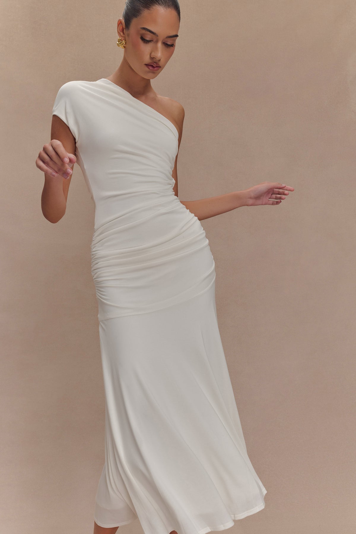 Chloe Şeftali Jersey Tek Omuz Midi Elbise - Fildişi