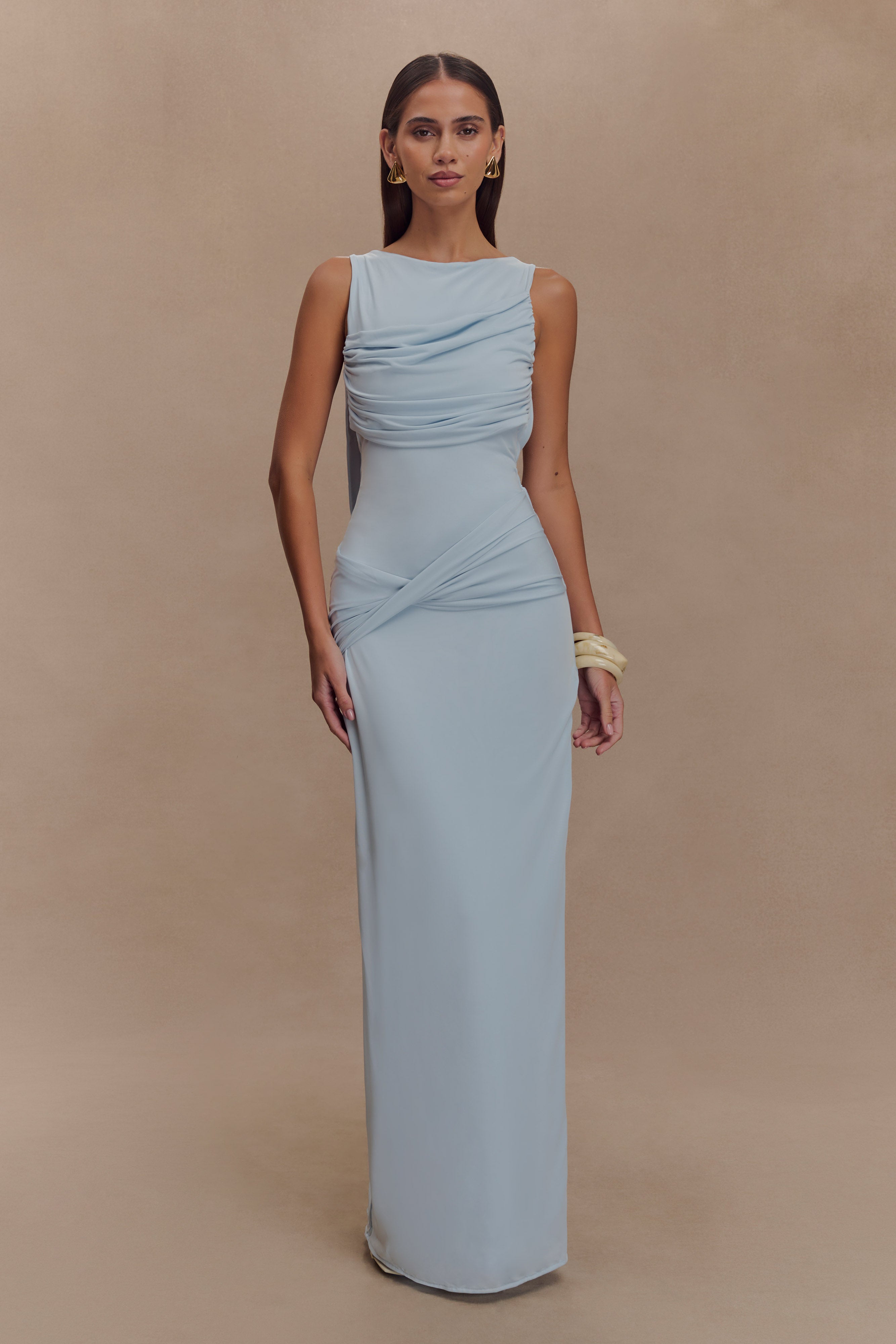 Henley Slinky Drape Maxi Elbise - Soluk Mavi