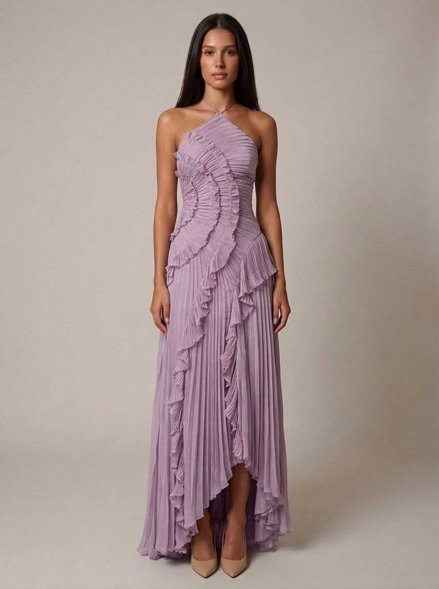 Halter Yaka Maxi Elbise Mor Pileli Detaylı