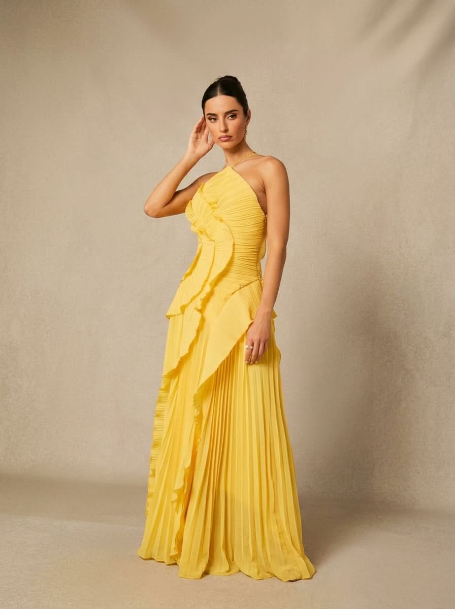 Halter Yaka Maxi Elbise Mor Pileli Detaylı
