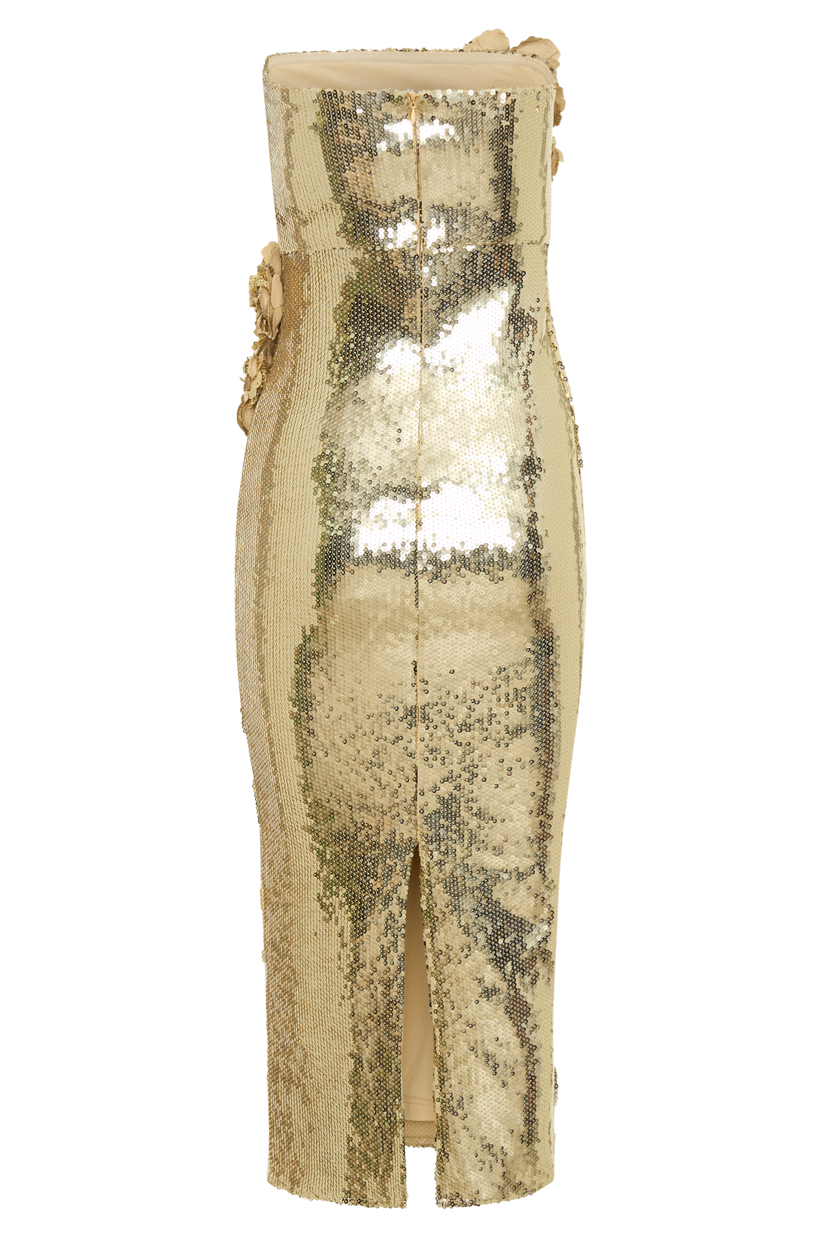 Cassia Straplez Payet Gül Midi Elbise - Altın