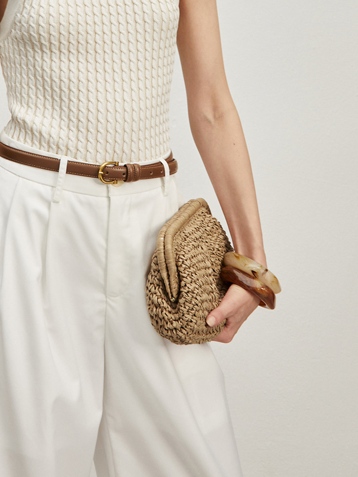 Hasır Clutch Çanta Bej Örgü Desenli Bohemian
