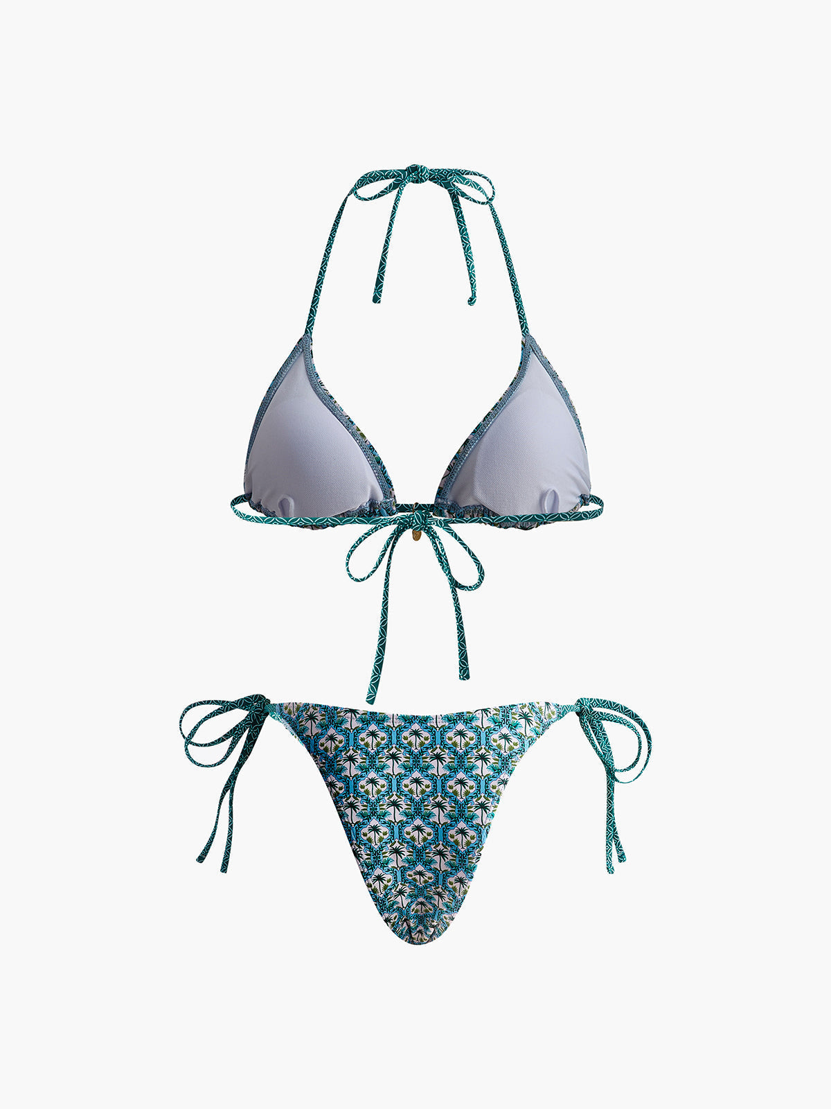 Baskılı Dantelli Bikini Takımı Yeşil Halter Yaka