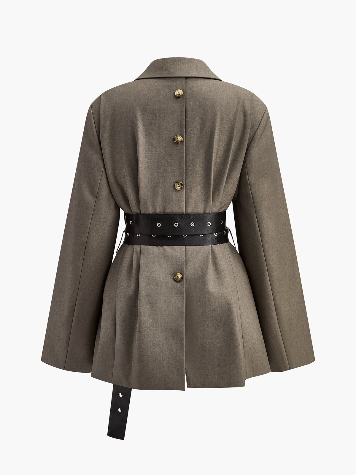 Kemerli Retro Düğmeli Blazer Koyu Kahverengi Uzun Kol