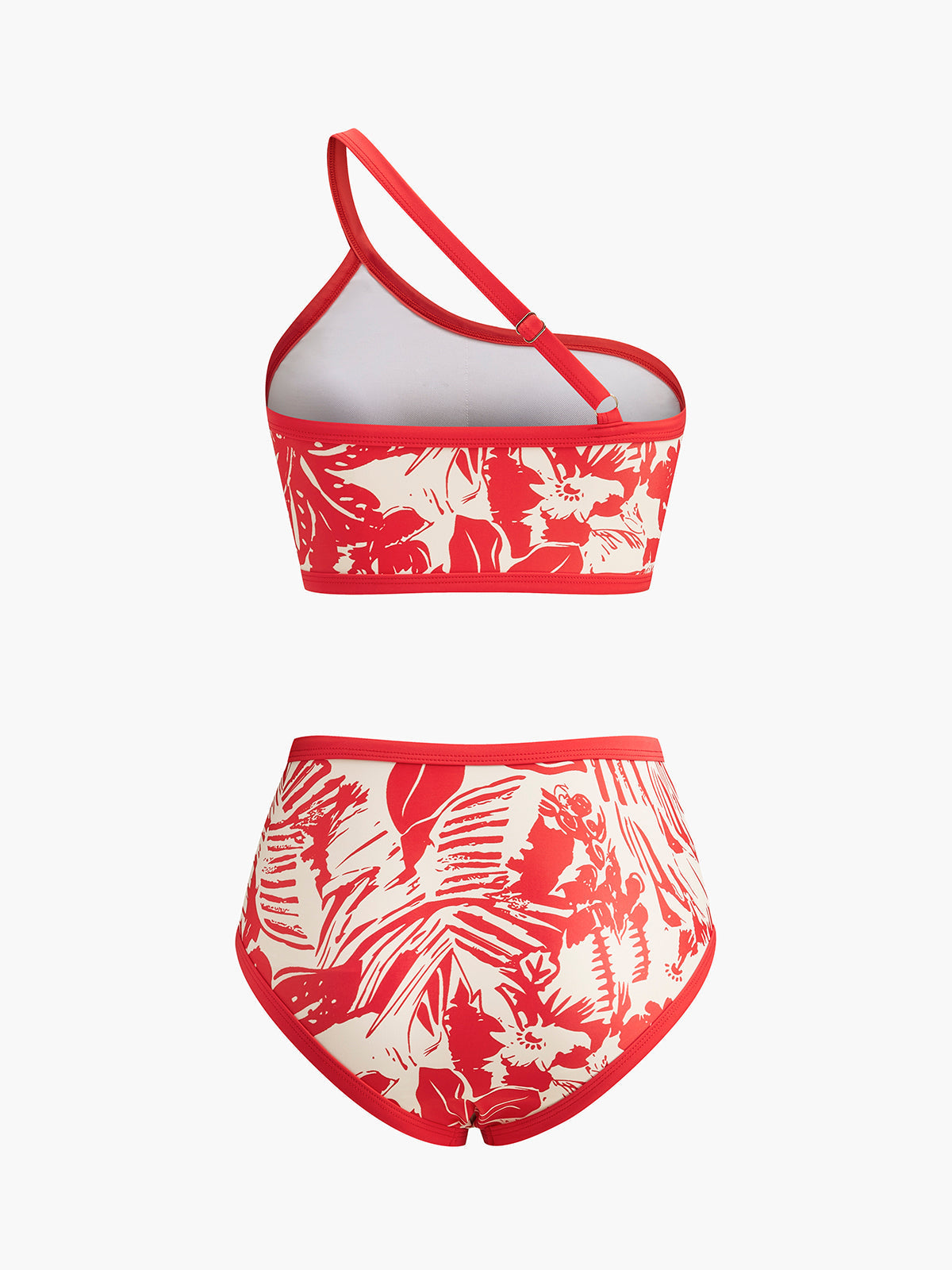 Tropikal Cennet Tek Omuzlu Bikini Takımı Kırmızı Çiçekli