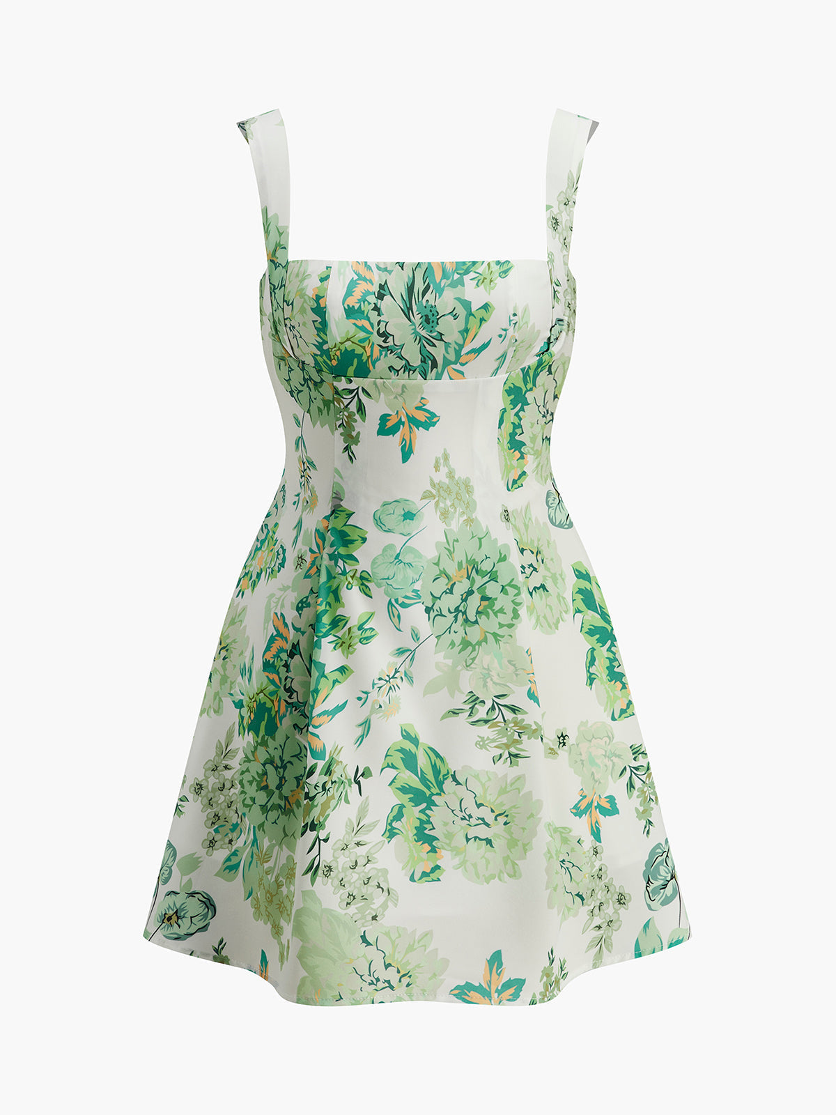 Çiçek Desenli Kuşaklı Sırt Dekolteli Elbise Yeşil Kare Yaka