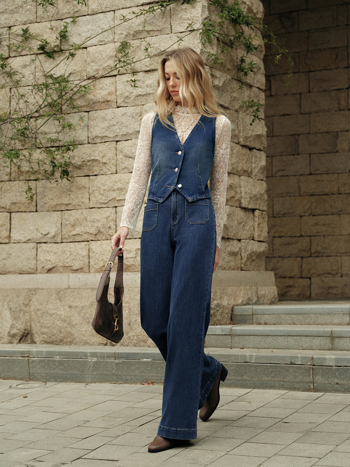 Denim Kolsuz Yelek Mavi V Yaka Regular Fit