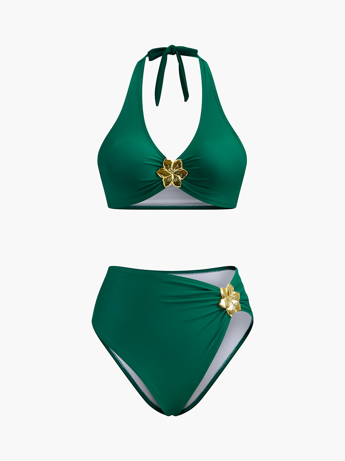 Metal Çiçek Detaylı Halter Bikini Takımı Yeşil