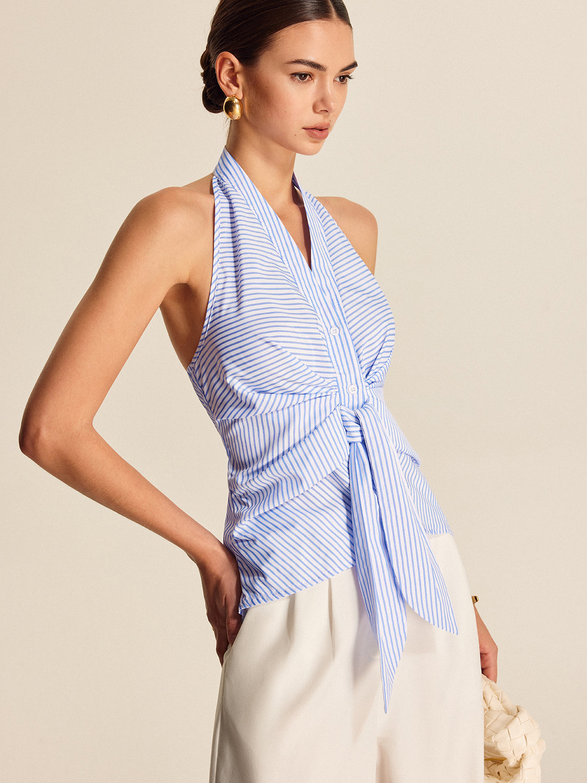 Çizgili Halter Yaka Kravat Bluzu Açık Mavi
