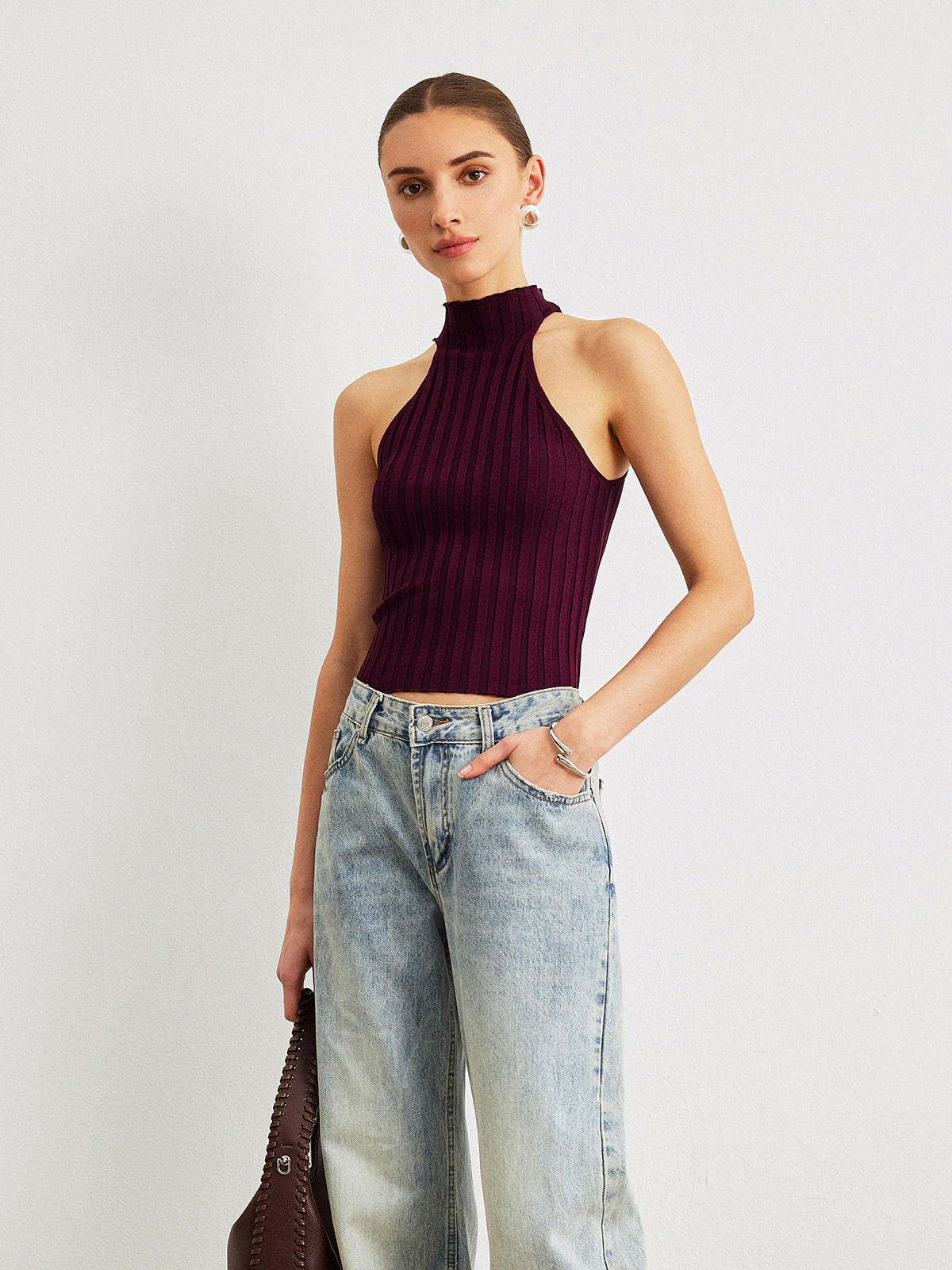 Soğuk Omuz Yüksek Yaka Triko Üst Bordo Slim Fit