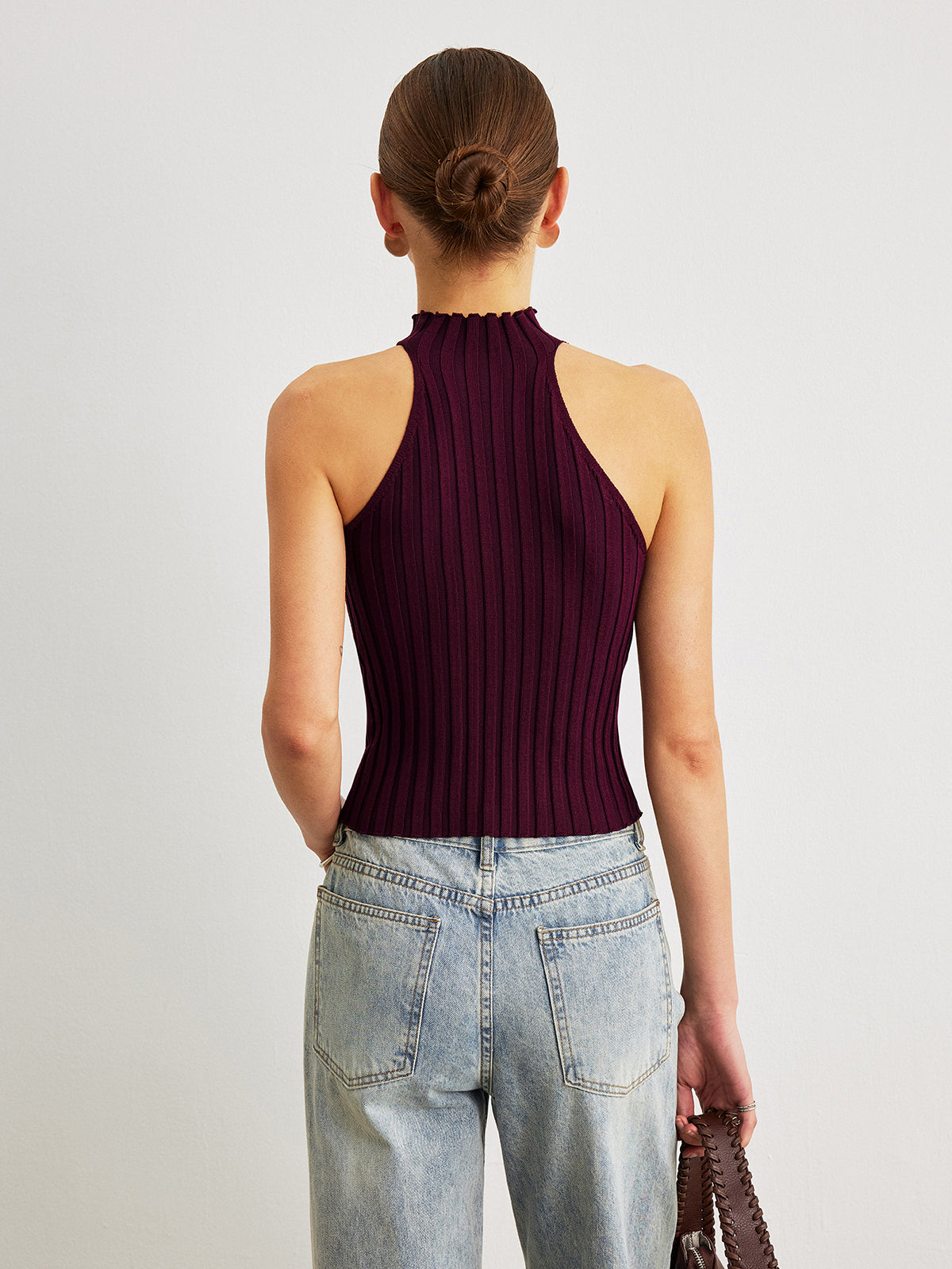 Soğuk Omuz Yüksek Yaka Triko Üst Bordo Slim Fit