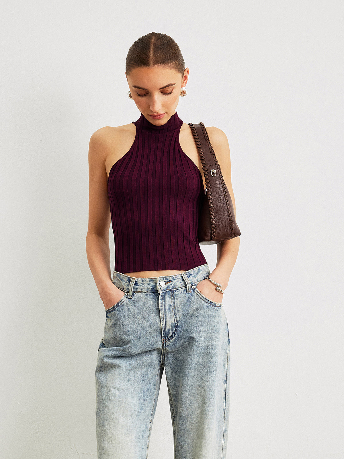 Soğuk Omuz Yüksek Yaka Triko Üst Bordo Slim Fit