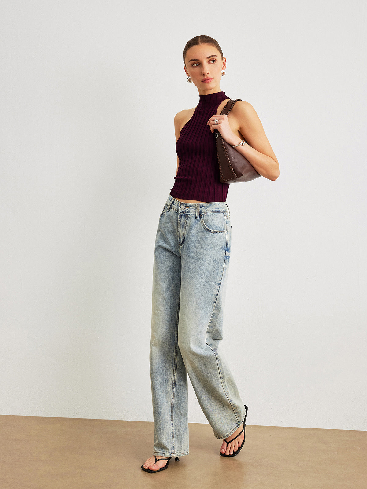 Soğuk Omuz Yüksek Yaka Triko Üst Bordo Slim Fit