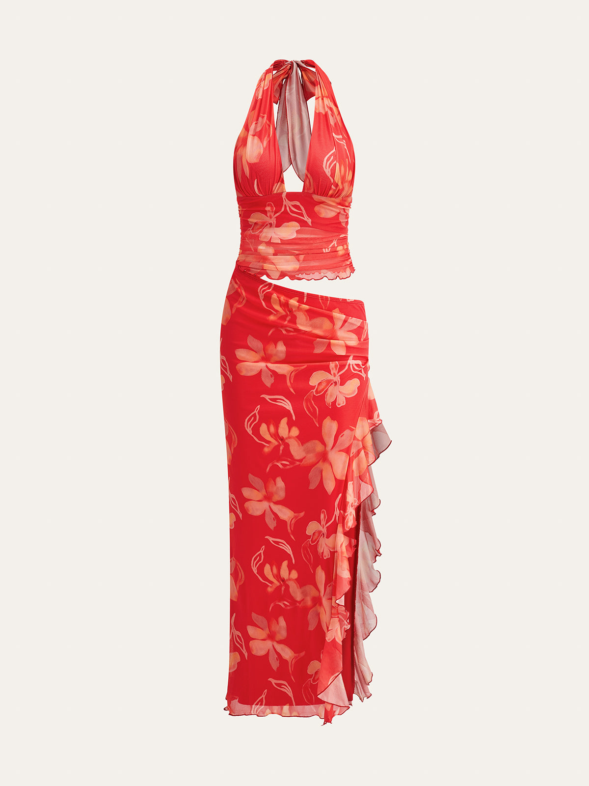 Yarım Şeffaf Çiçekli Halter Maxi Elbise Kırmızı