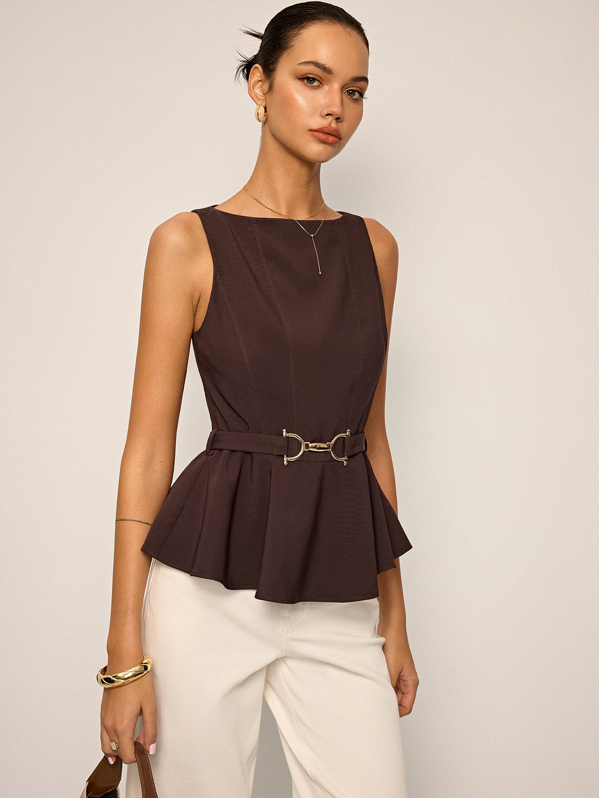 Metal Tokalı Kemerli Peplum Üst Kolsuz Kahverengi