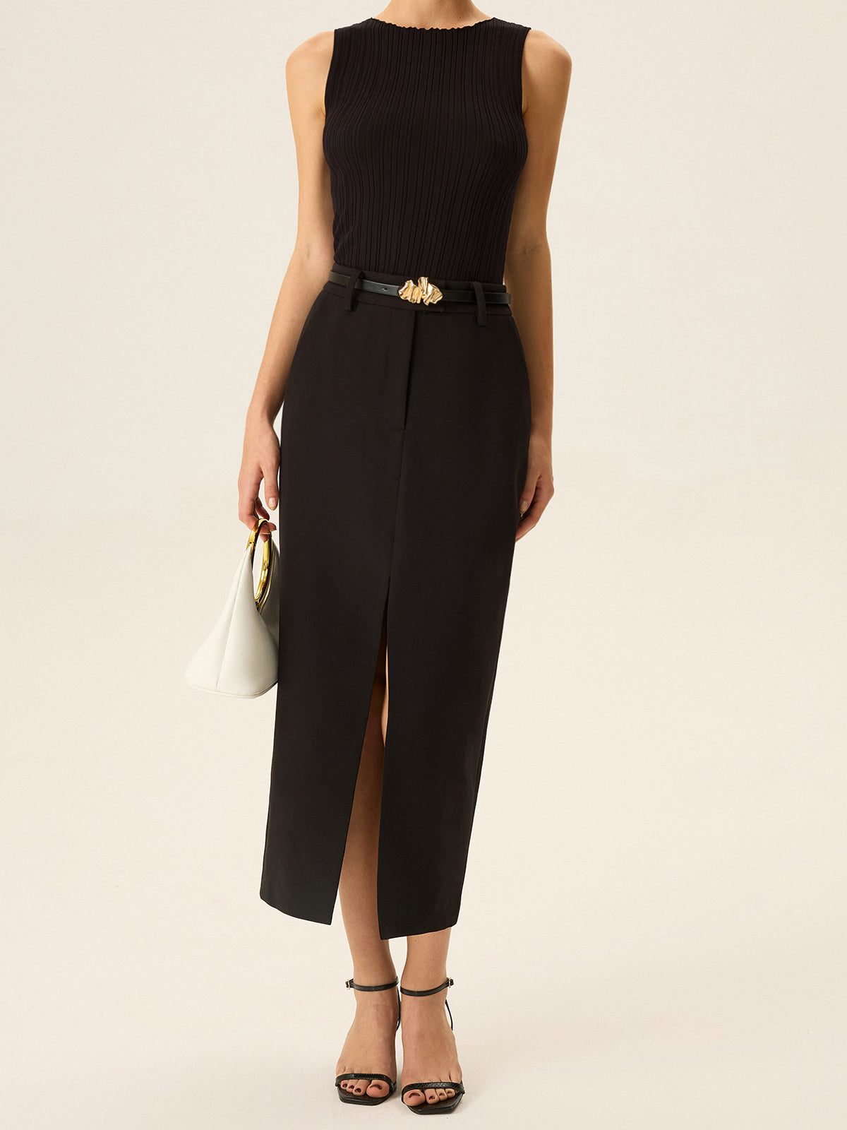 Kemerli Yırtmaçlı Midi Etek Siyah Orta Bel