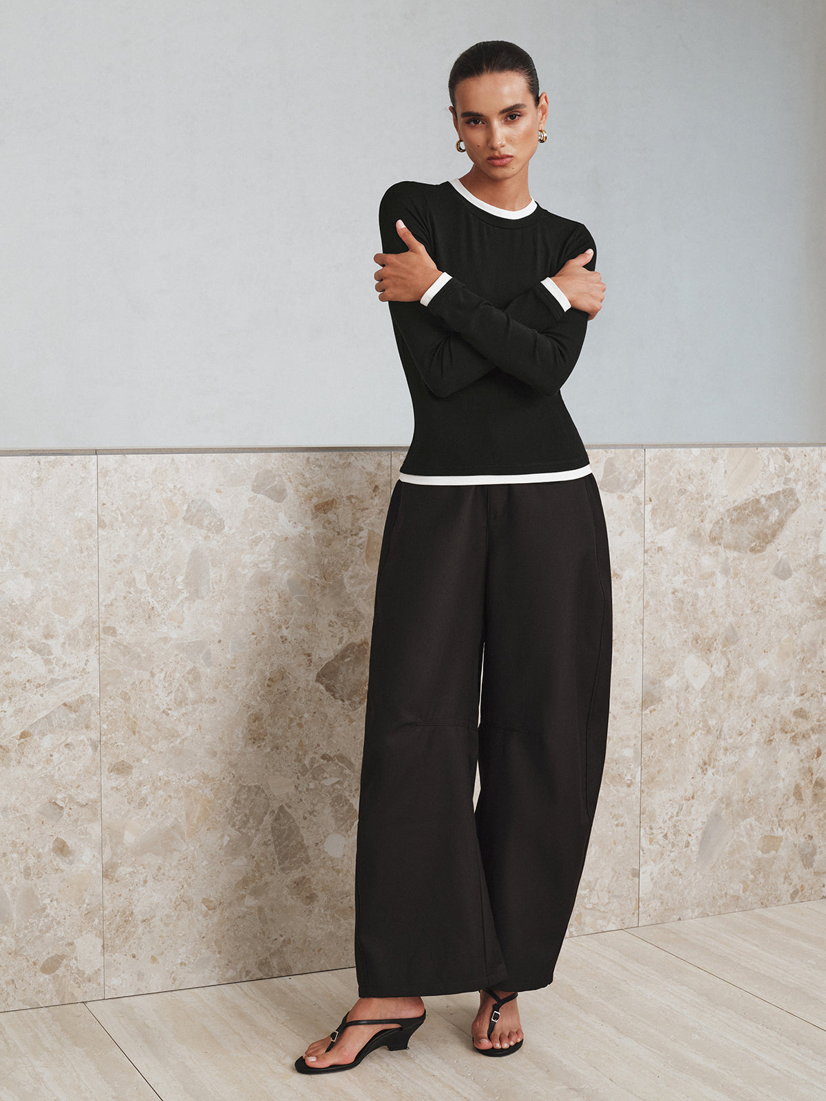 Kontrast Dikiş Uzun Kollu Tişört Siyah Slim Fit